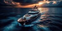 Роскошная яхта рассекает волны в лучах закатного солнца.