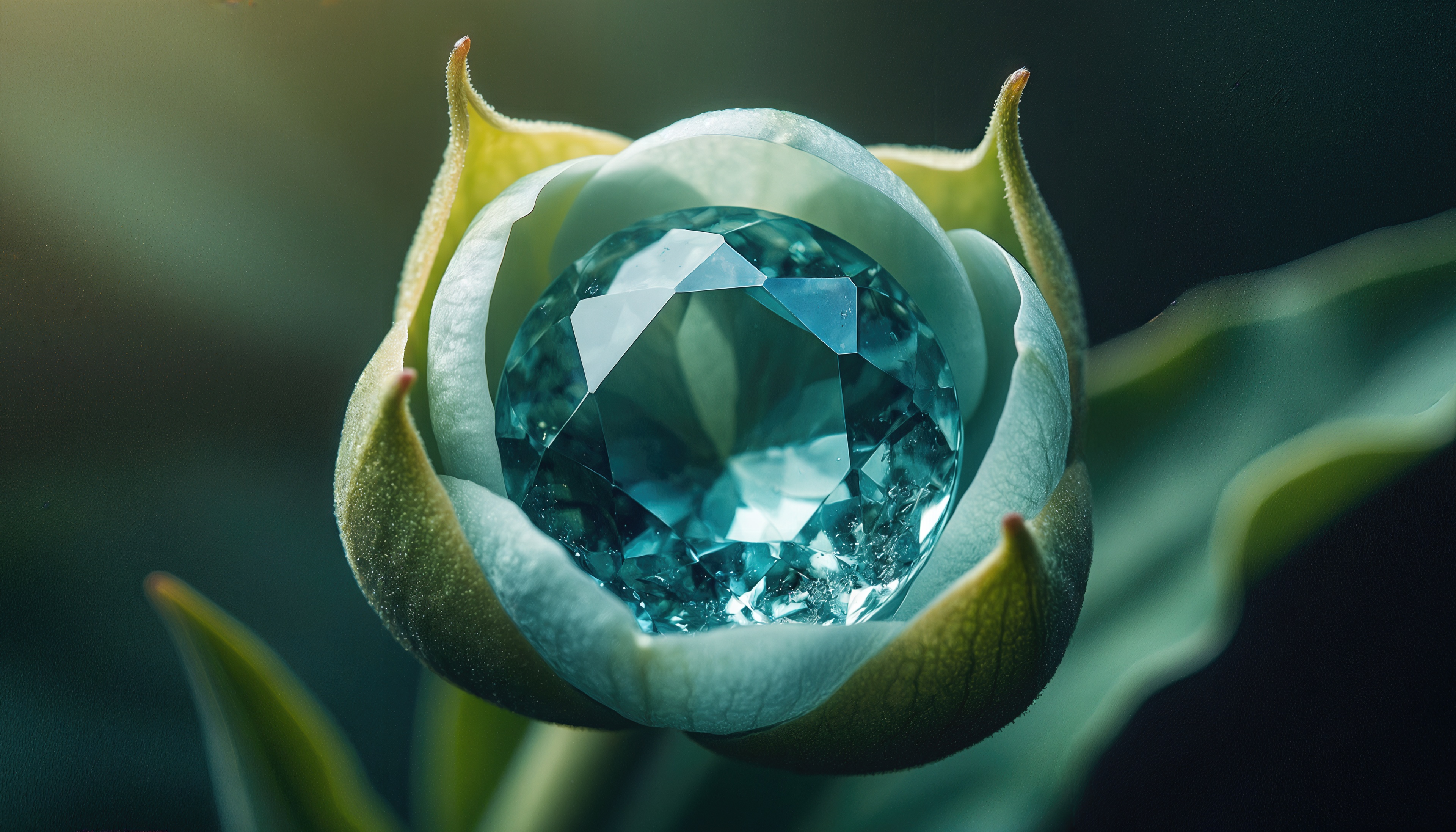 Free photo An emerald crystal nestled in a delicate flower bud.