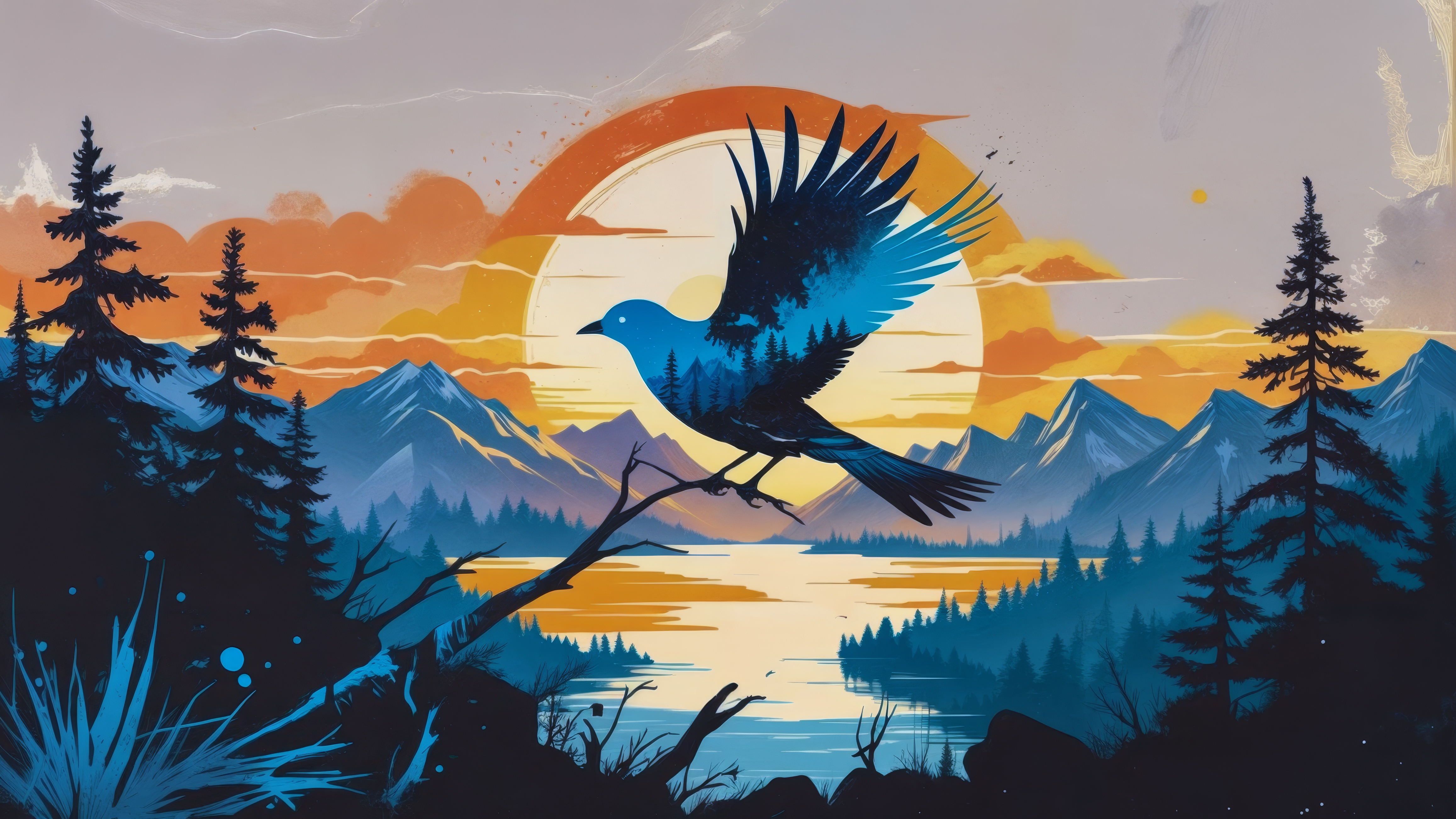 Бесплатное фото Птица, сидящая на ветке дерева над водой