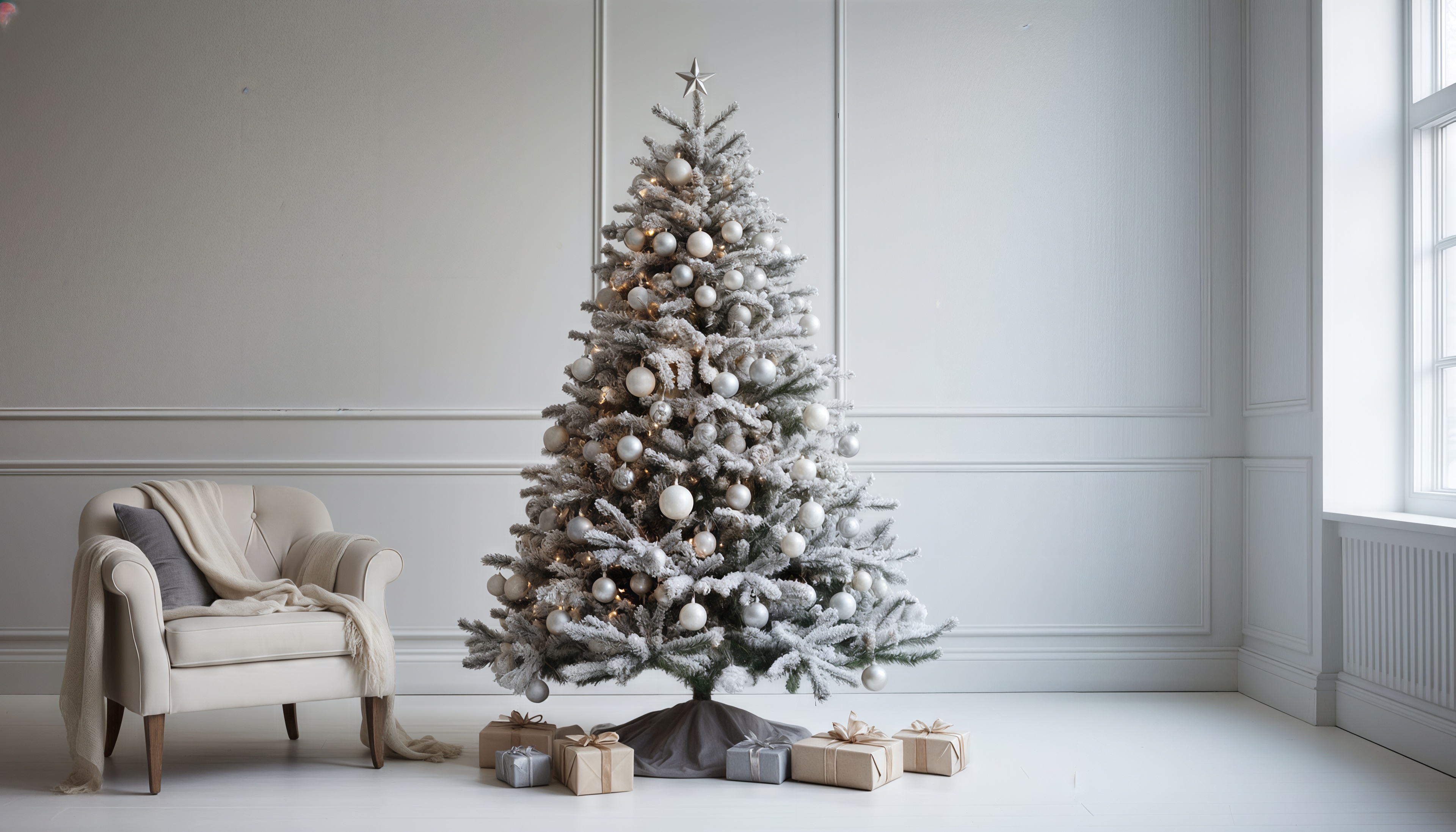 Бесплатное фото Элегантная ёлка и уютное кресло в минималистичном интерьере.