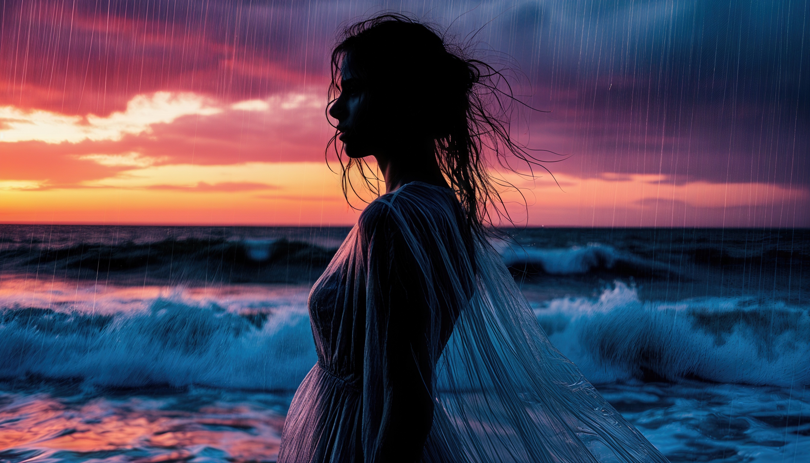 Бесплатное фото Девушка в белой сорочке стоит на фоне заката и дождя у моря.