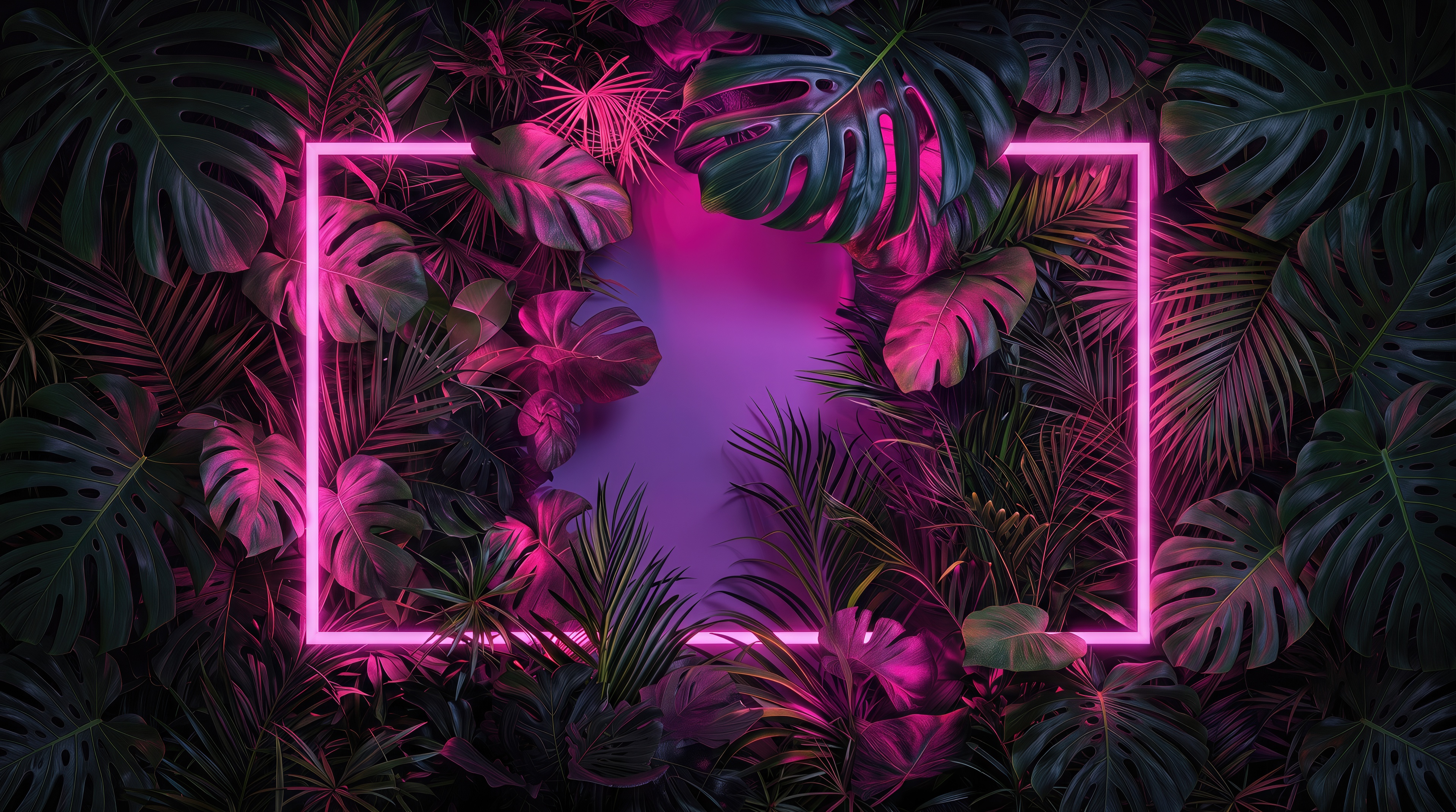 A glowing bright pink rectangular frame is embedded in a dark wall of living tropical plants.