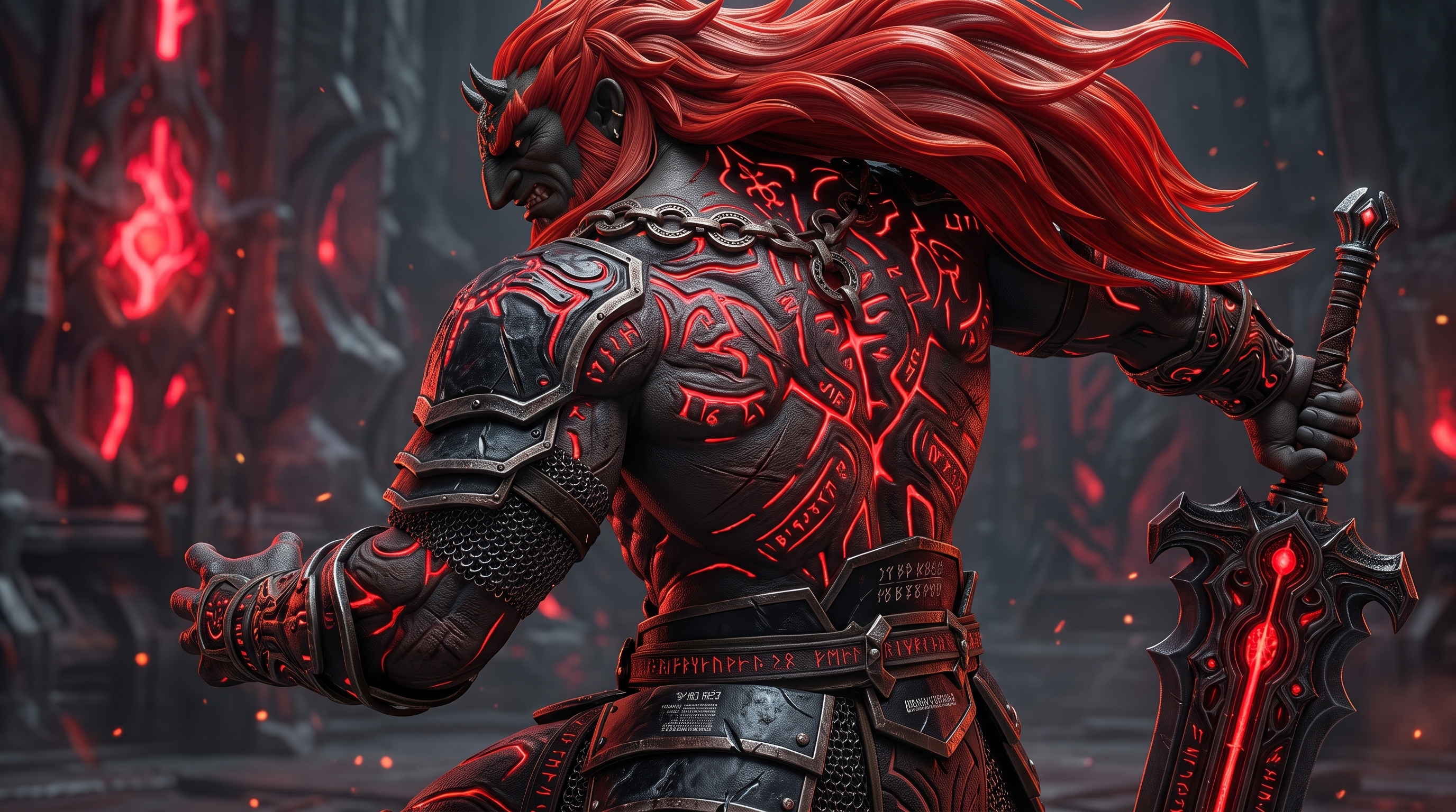Free photo A powerful demonic warrior with red hair and a sword in a dark temple