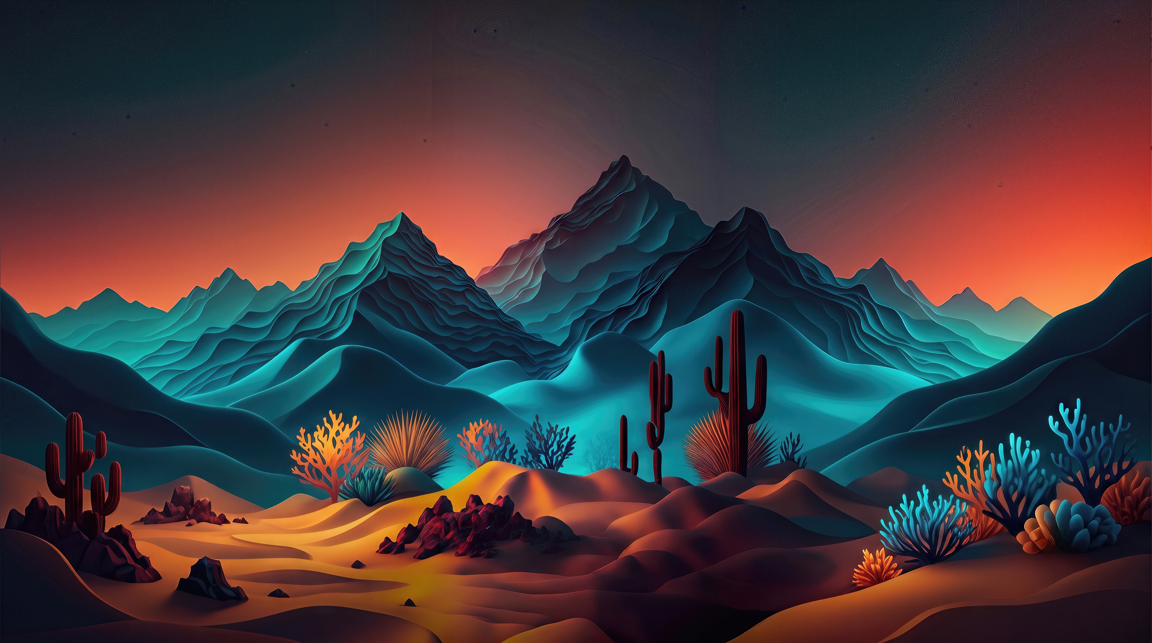 Free photo Stylish neon landscape with turquoise mountains and cacti in the desert at sunset.