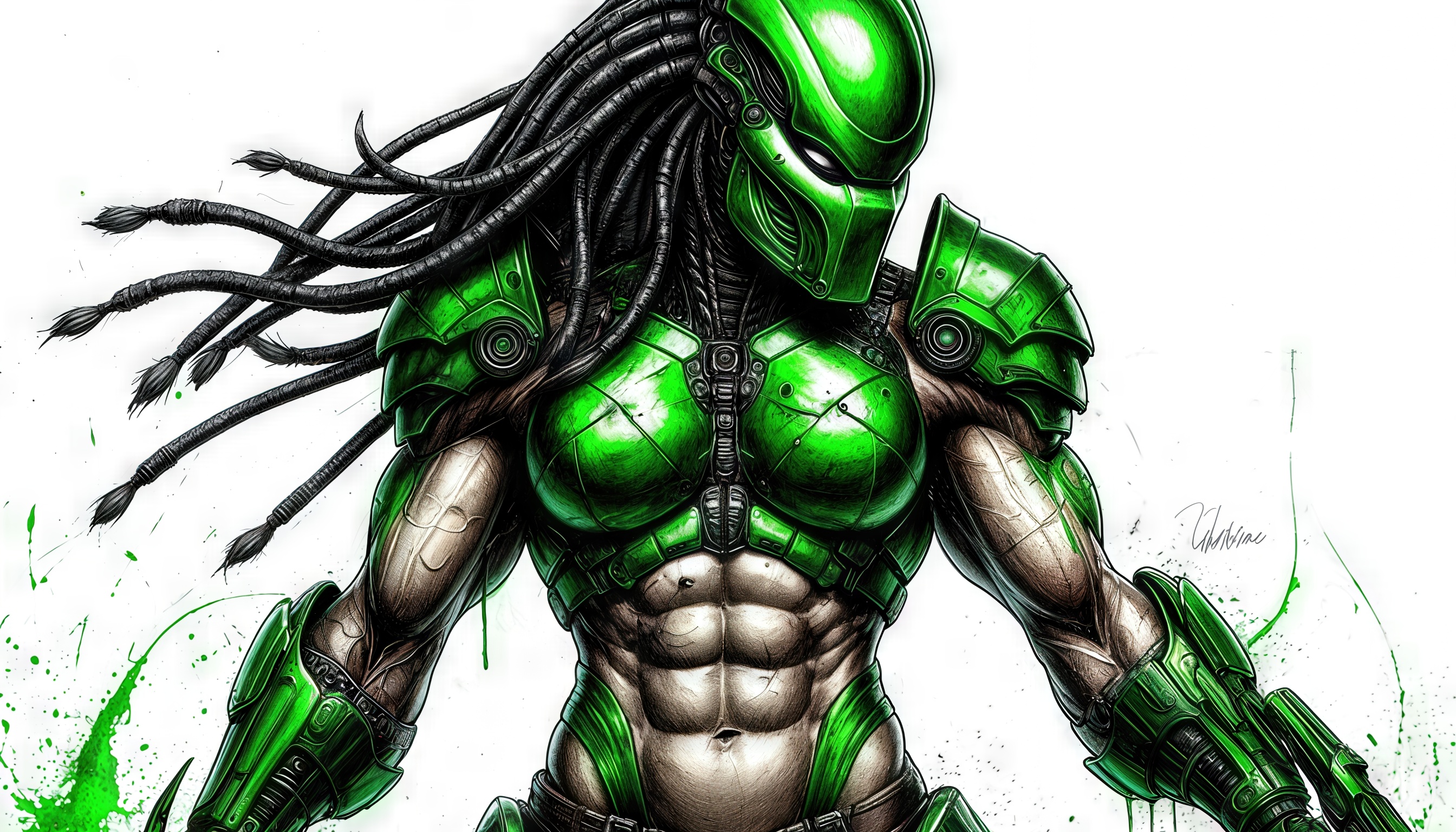 Бесплатное фото Инопланетный охотник Хищник из вселенной Чужой, известный своими дредами и зелёной броней.