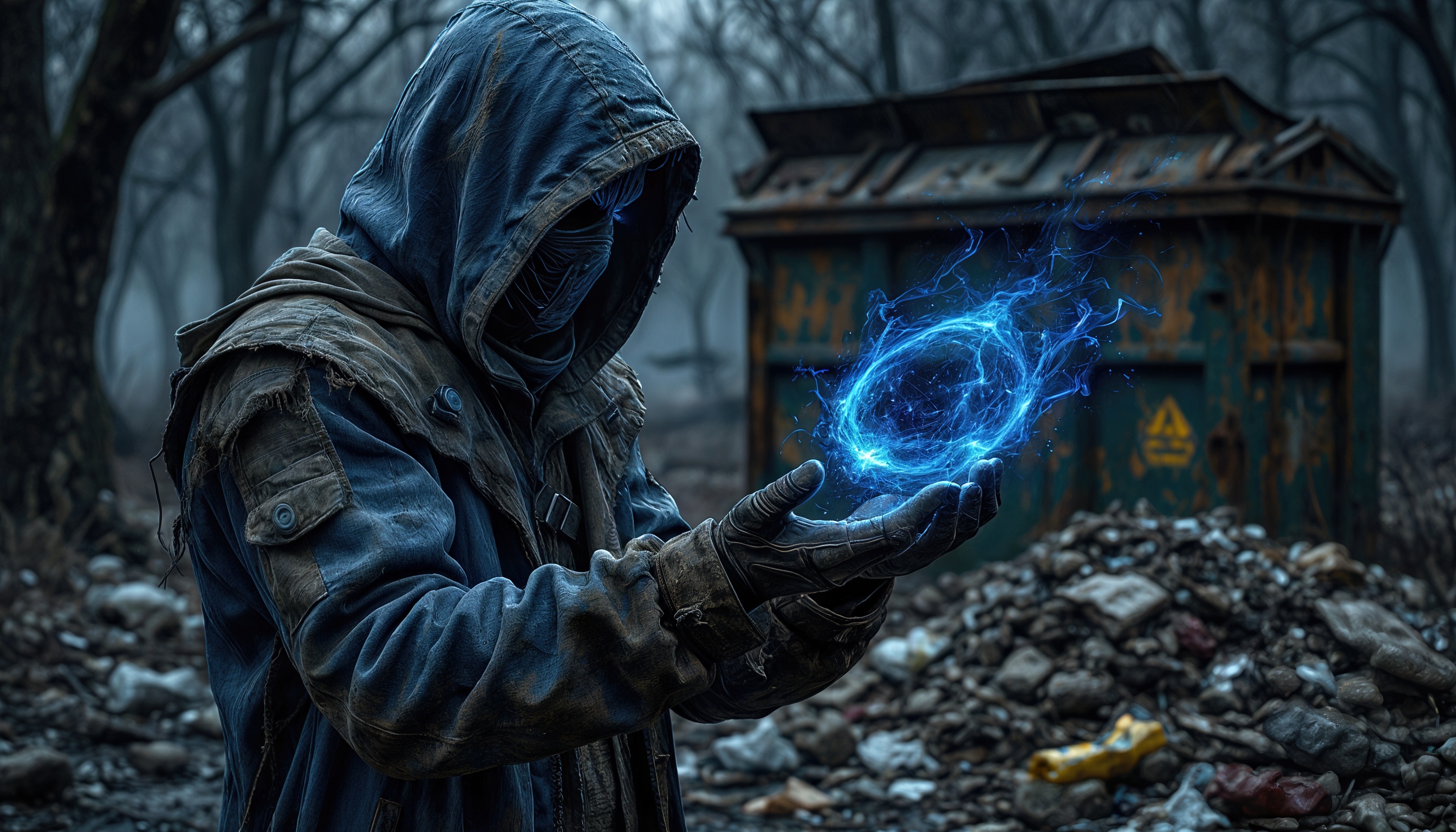 Бесплатное фото Сталкер держит артефакт Бенгальский огонь на локации Свалка.