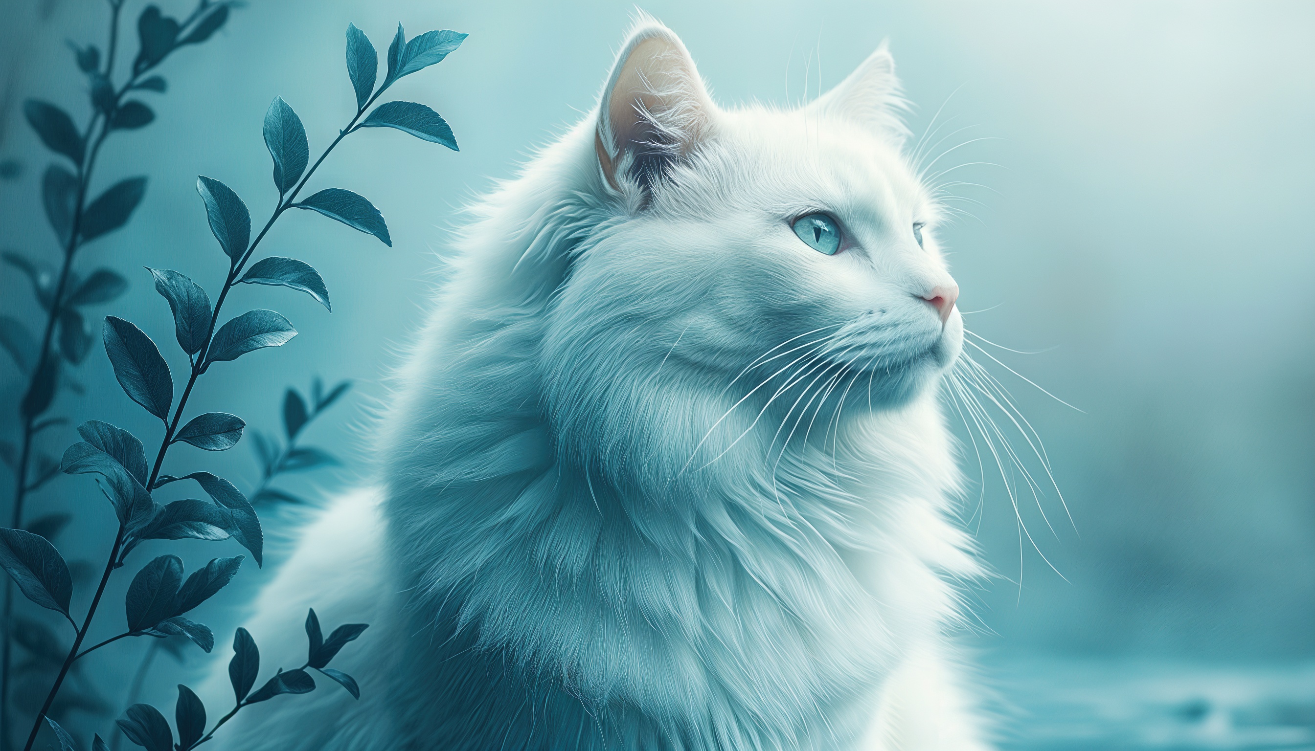 Белый кот с голубыми глазами на фоне размытых листьев.