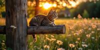 Полосатый кот расслабленно отдыхает на деревянном заборе на фоне закатного солнца и ромашек.