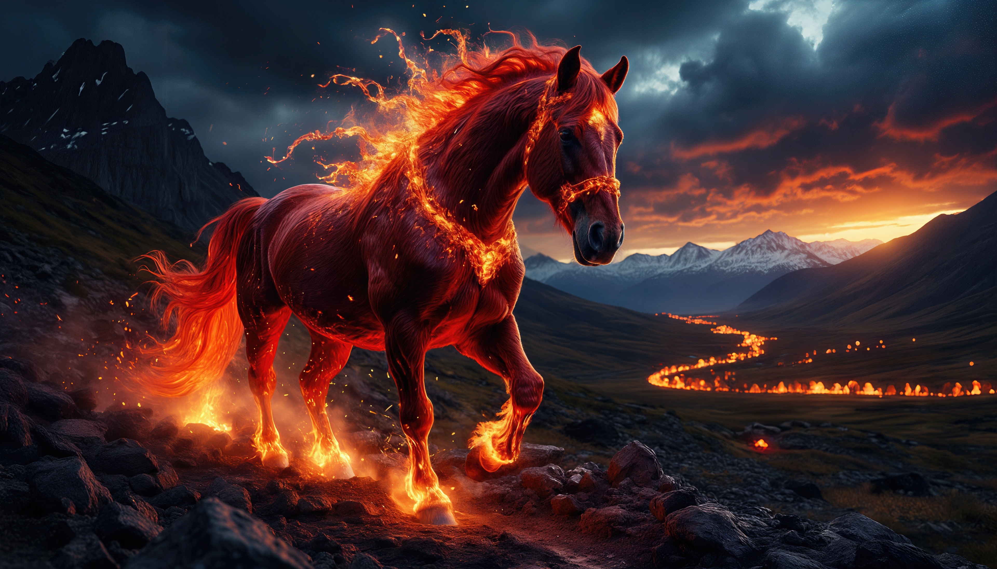 Огненная лошадь величественно шагает по скалистой тропе на фоне закатного неба.