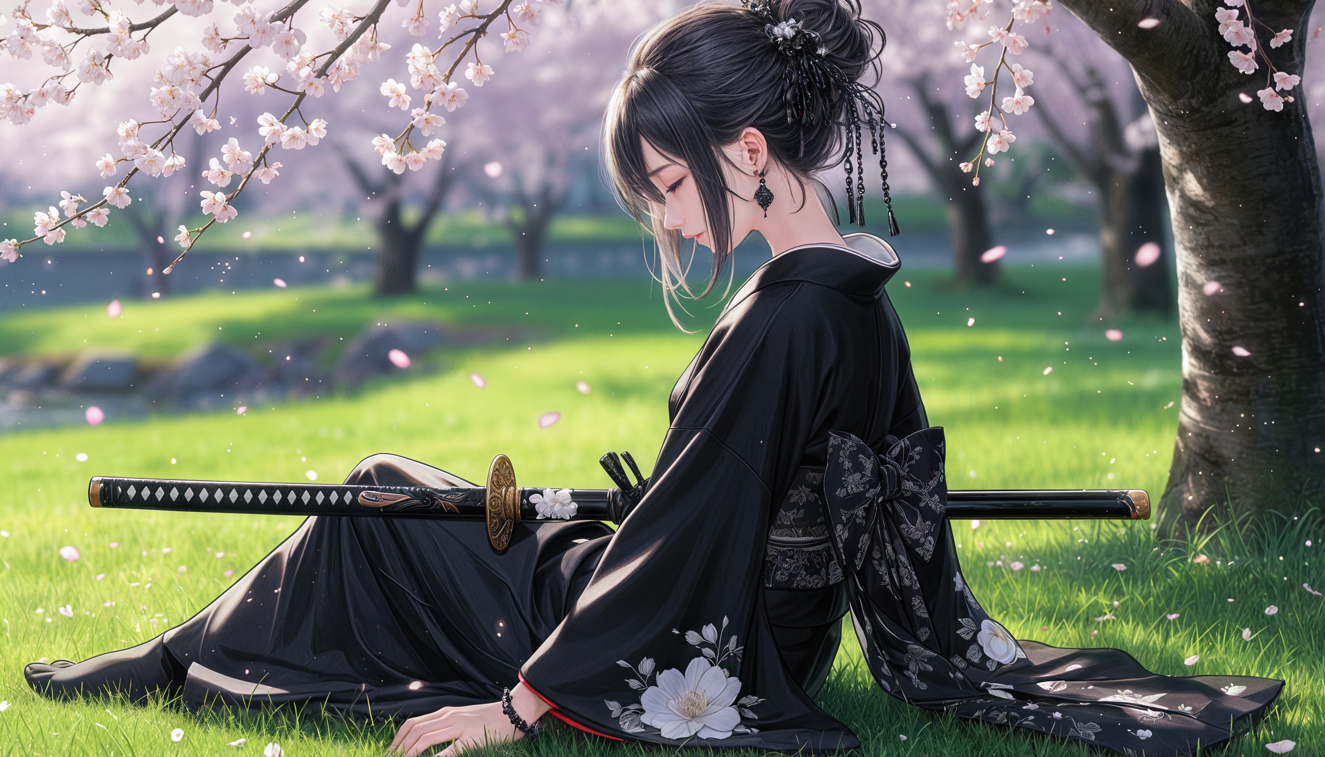 Японская девушка в кимоно с катаной под цветущими сакурами.