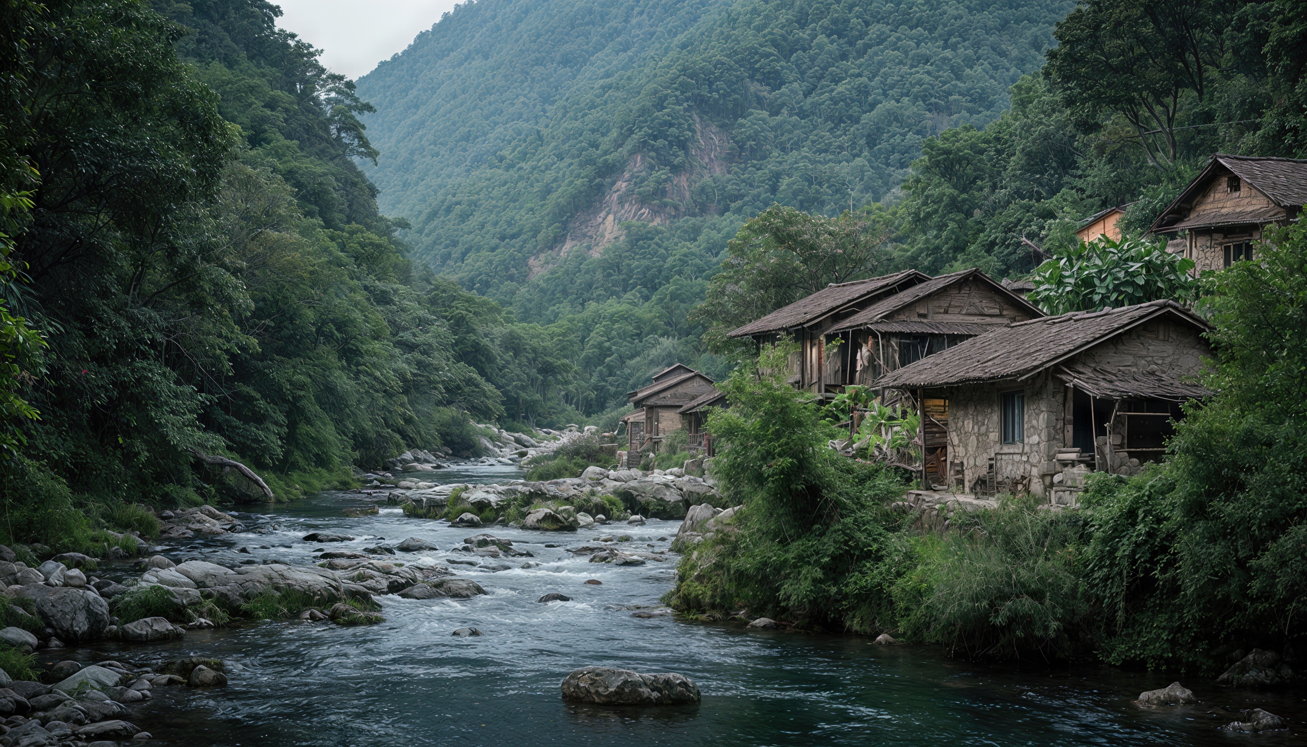 Горный пейзаж с рекой, ветхими домами и зелёными горами.