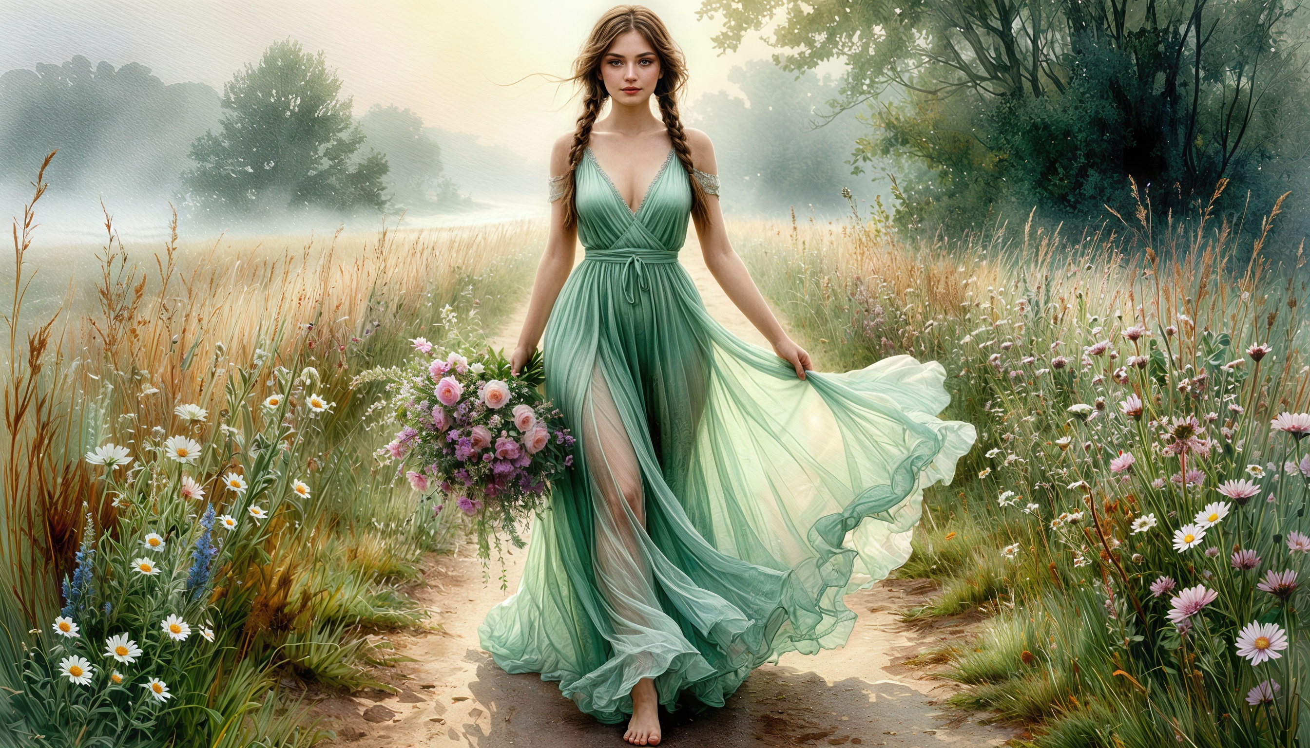 Бесплатное фото Девушка в зеленом платье с цветами идёт по полевой тропинке среди деревьев и тумана.