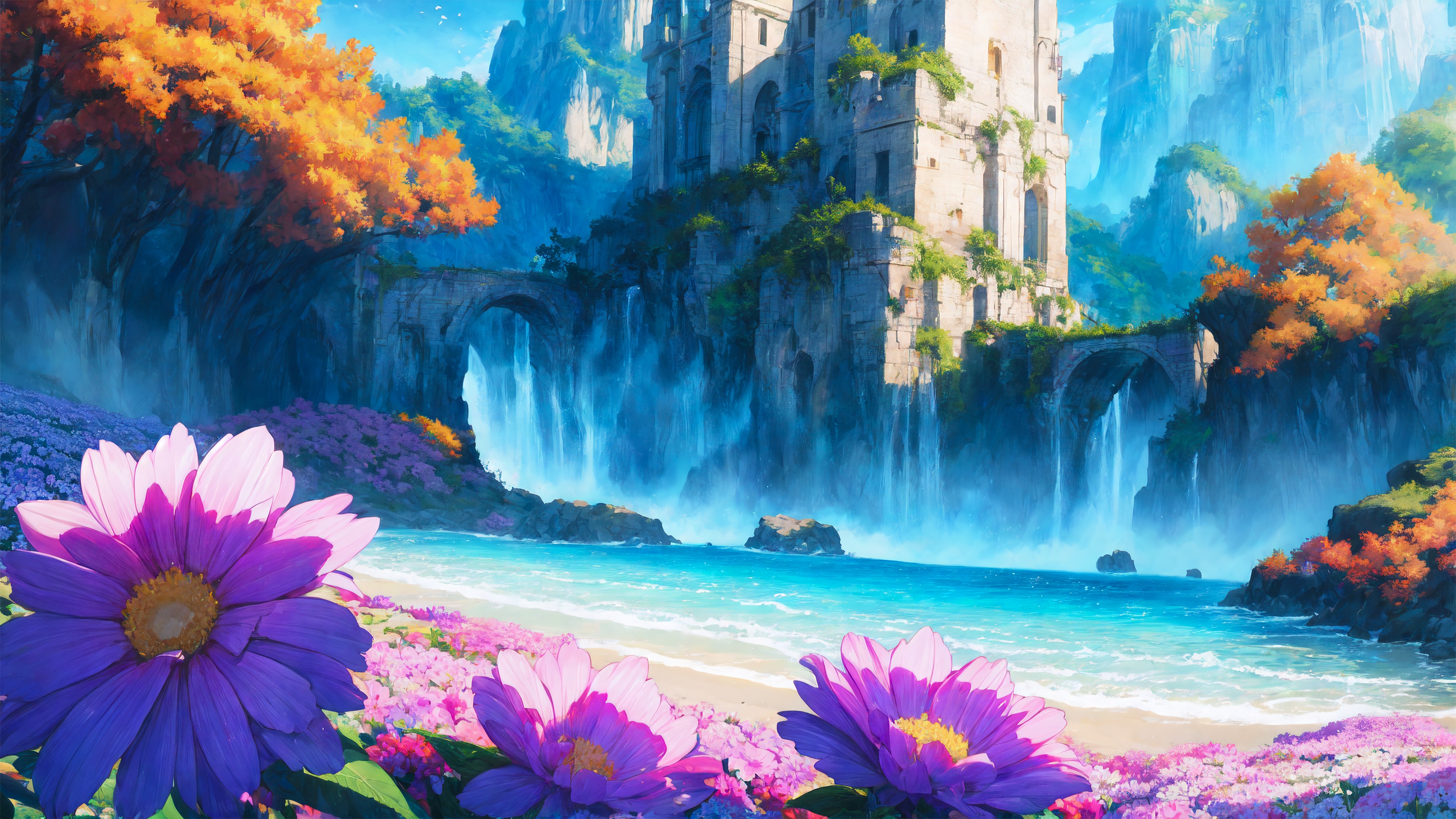 Бесплатное фото Огромные цветы на фоне разрушенного города