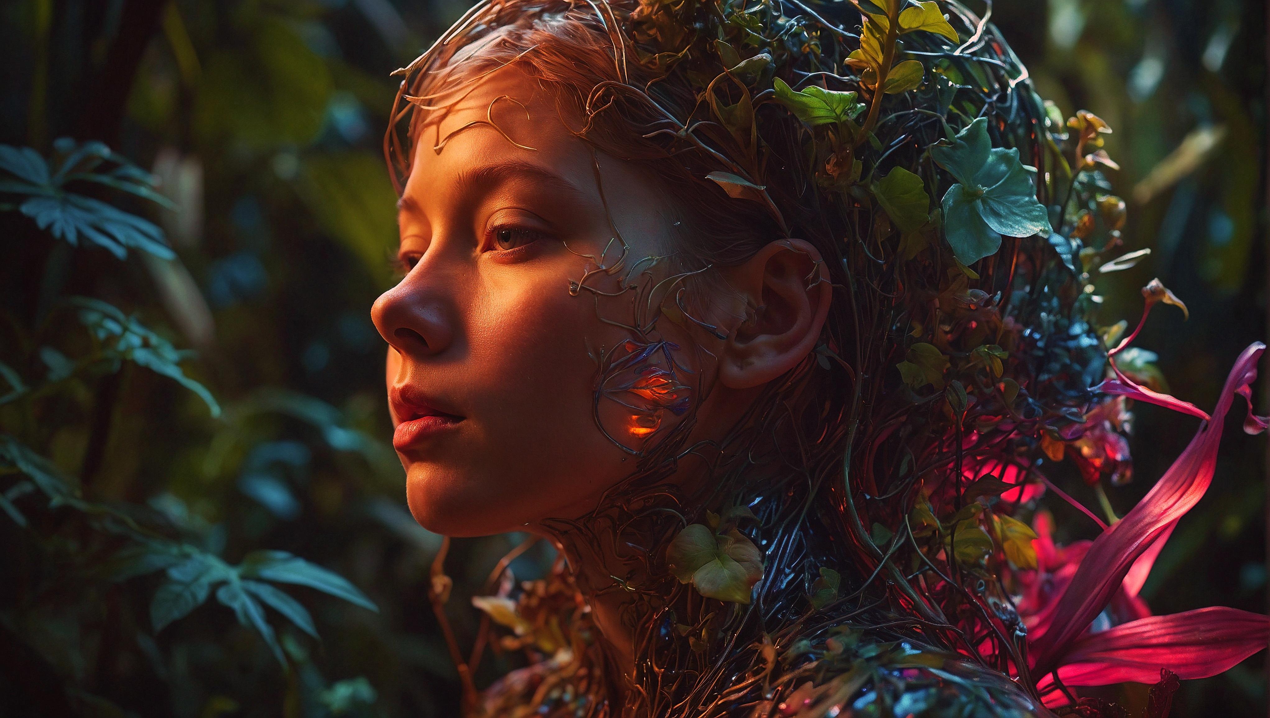 Free photo A woman with flowers on her hair and a head in the bushes