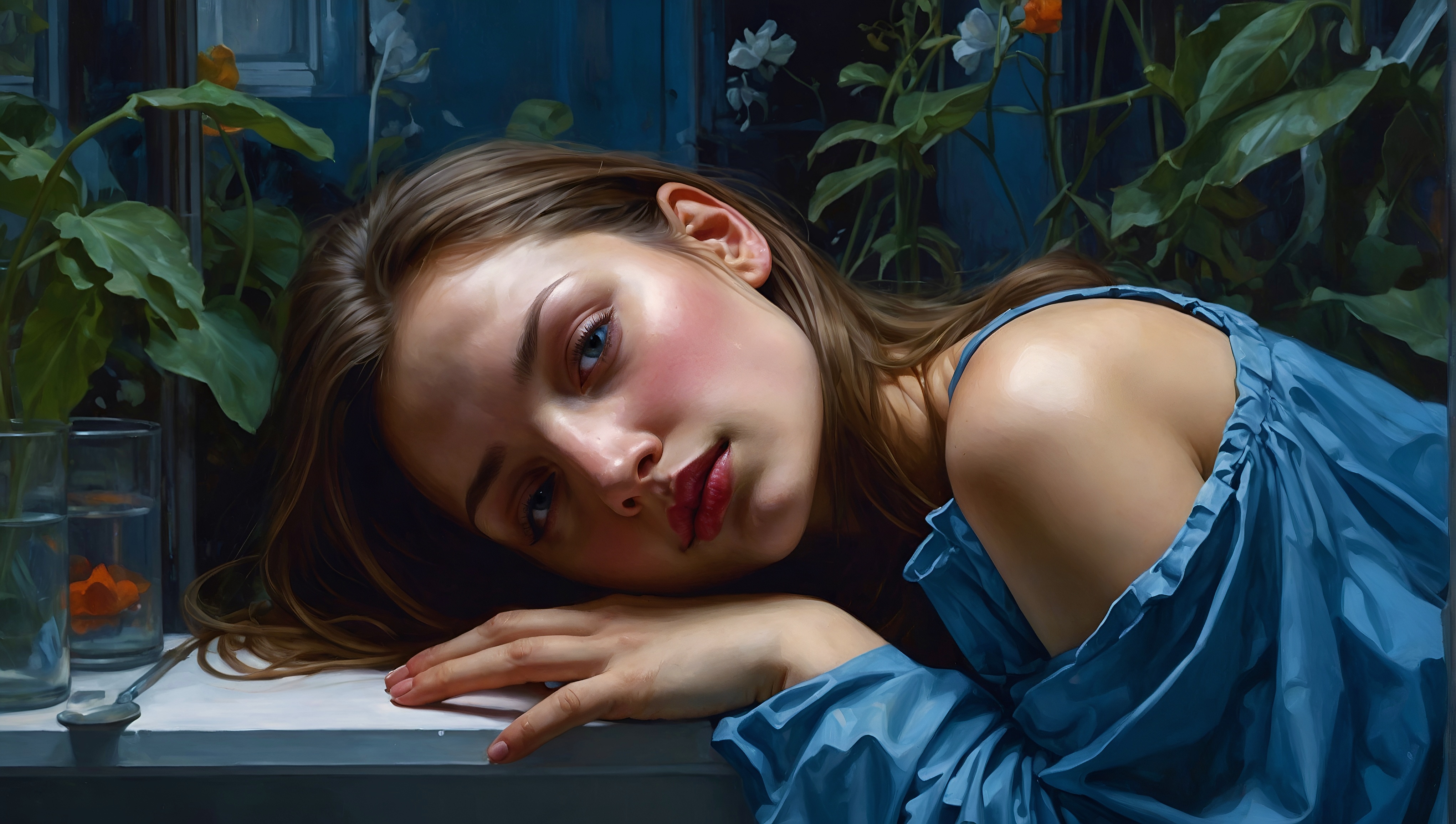 Картина, на которой изображена женщина, стоящая на карнизе и смотрящая через край.