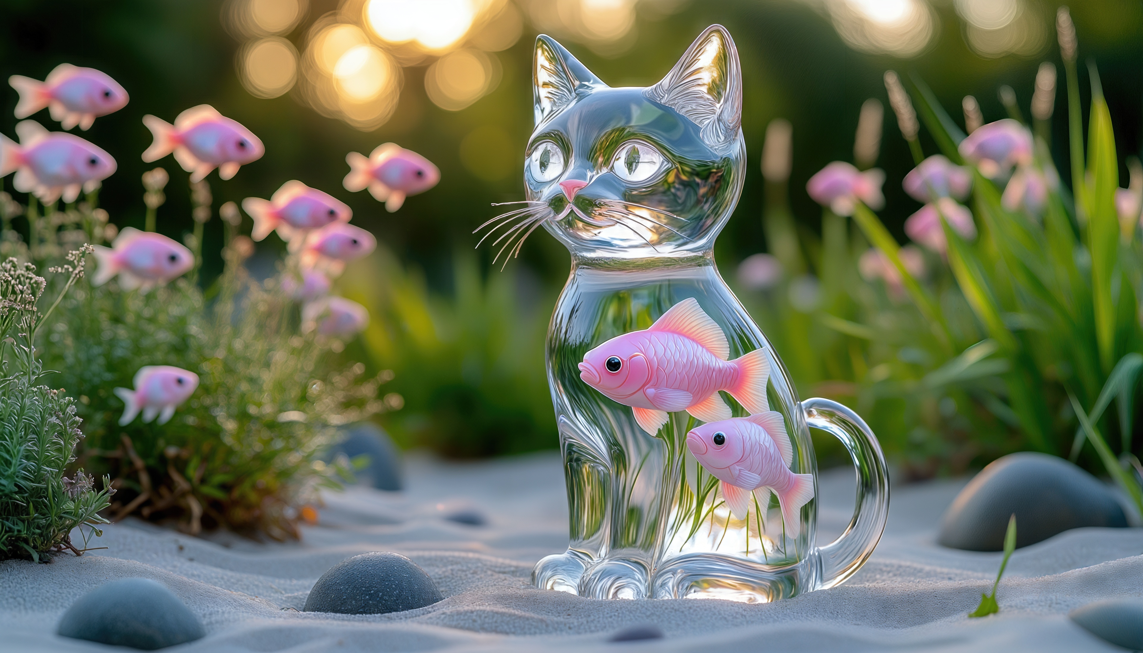Стеклянный кот и стайка розовых рыбок - сказочная композиция.