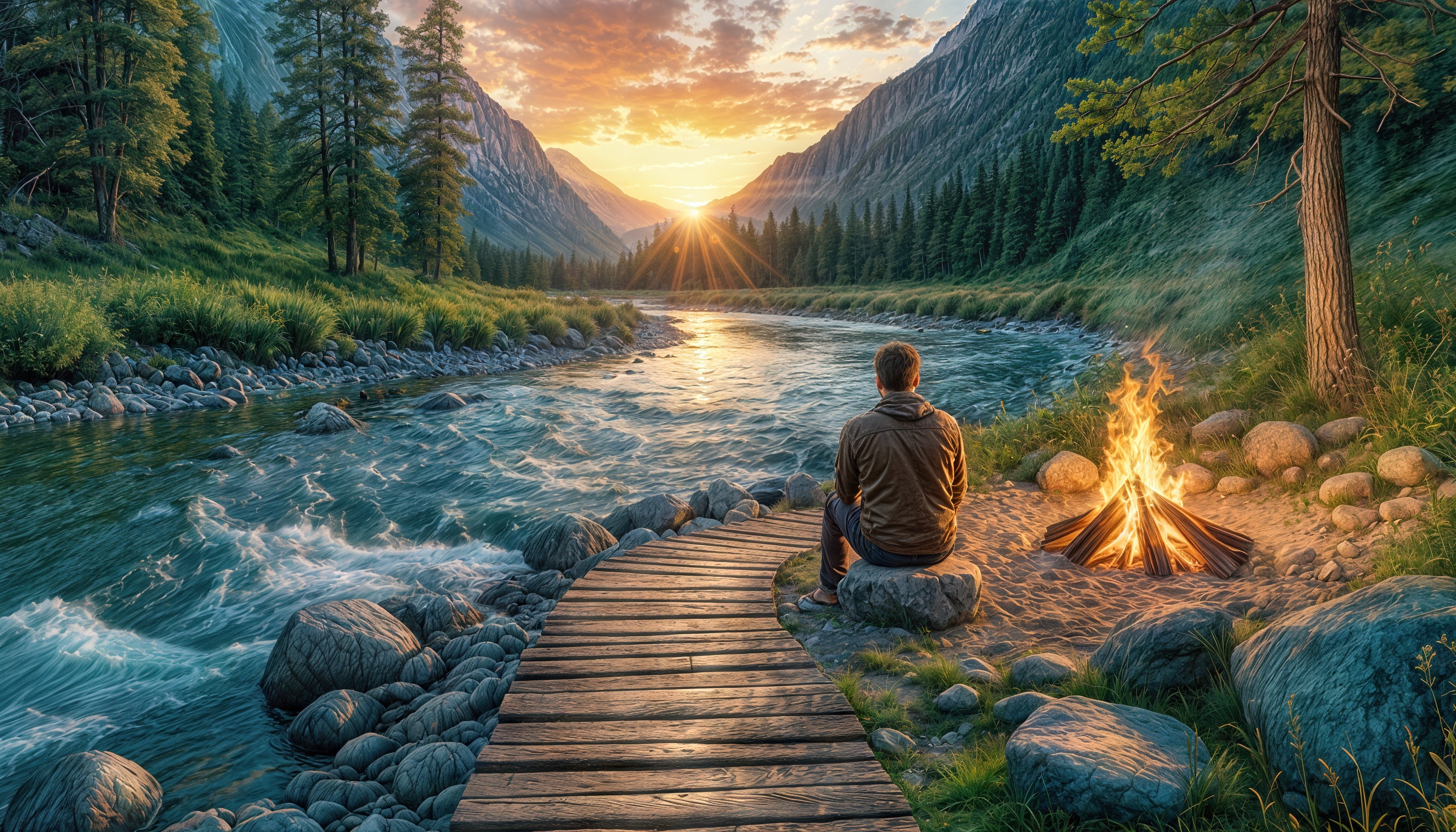 Бесплатное фото Живописный пейзаж с отдыхающим у костра мужчиной, рекой, горами и закатом.