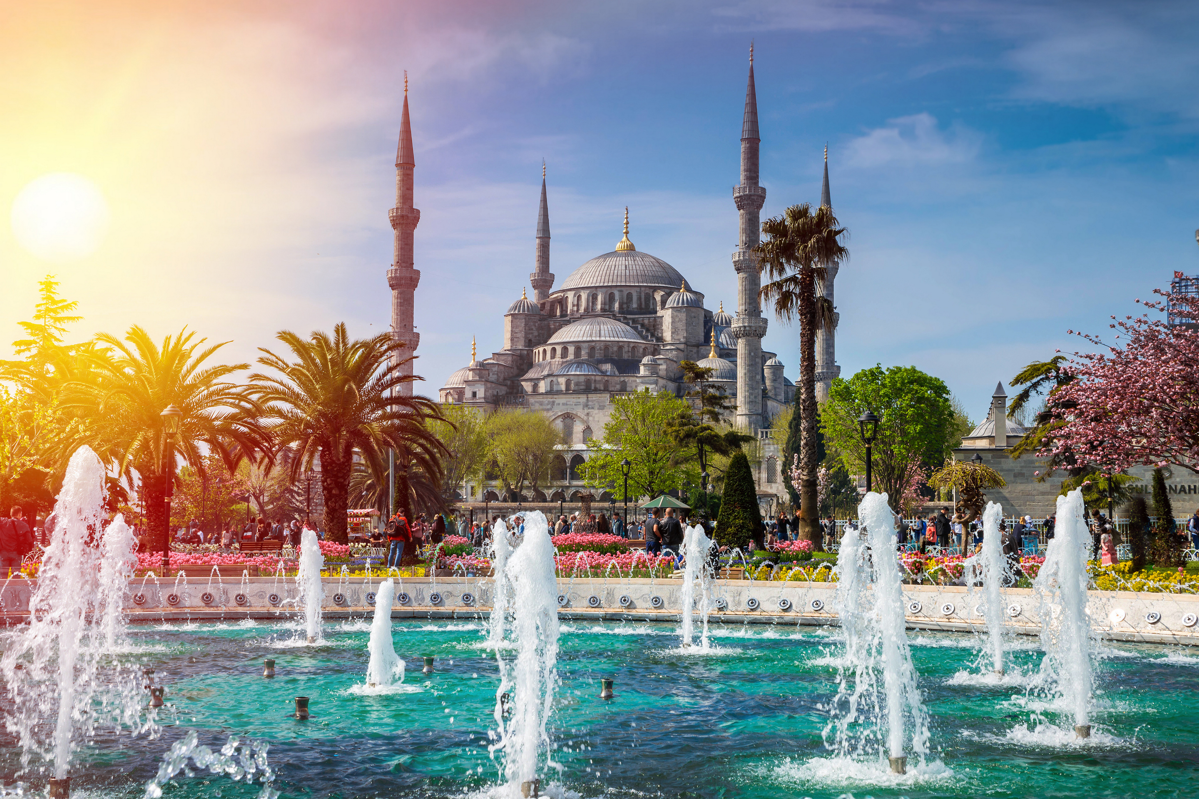 Free photo A beautiful fountain against the background of a large mosque in Turkey