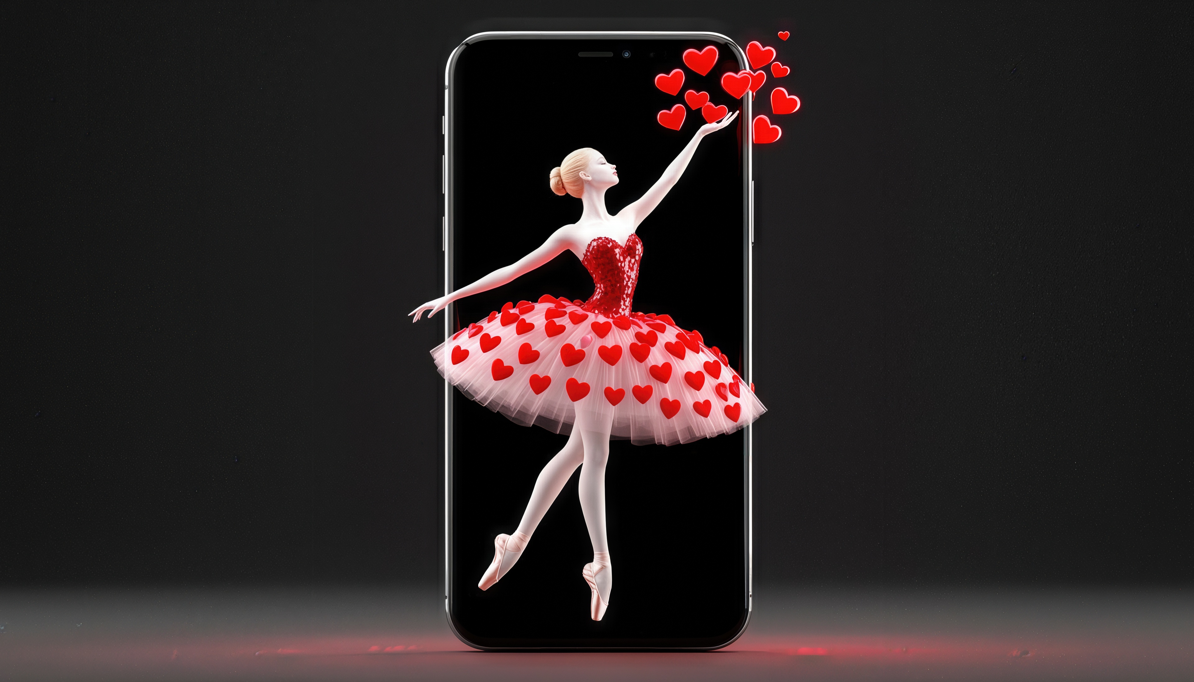 免费照片一个穿着红心裙子的芭蕾舞演员正在智能手机屏幕上跳舞。