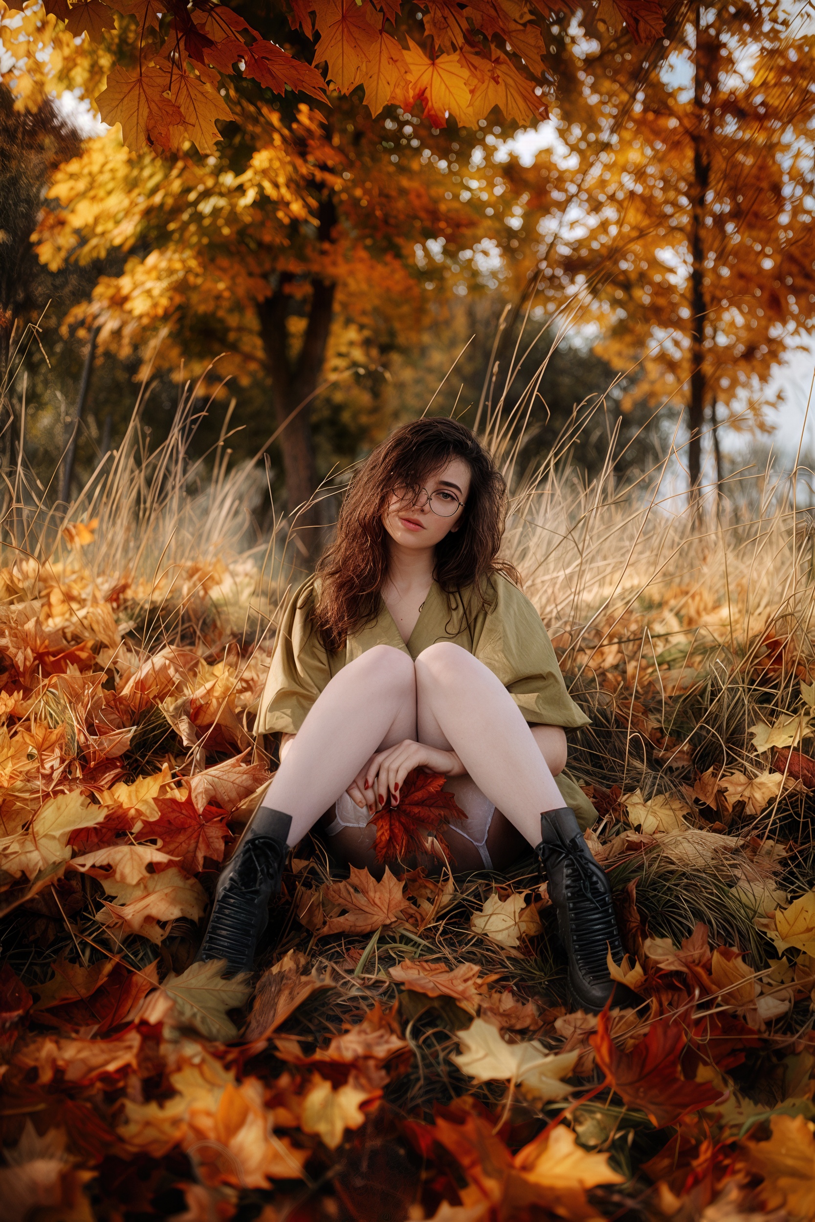A girl sits on the ground among fallen leaves in an autumn forest.