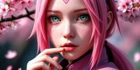 Сакура Харуно из Наруто с розовыми волосами и зелеными глазами, держит палец у губ на фоне розовых цветов.
