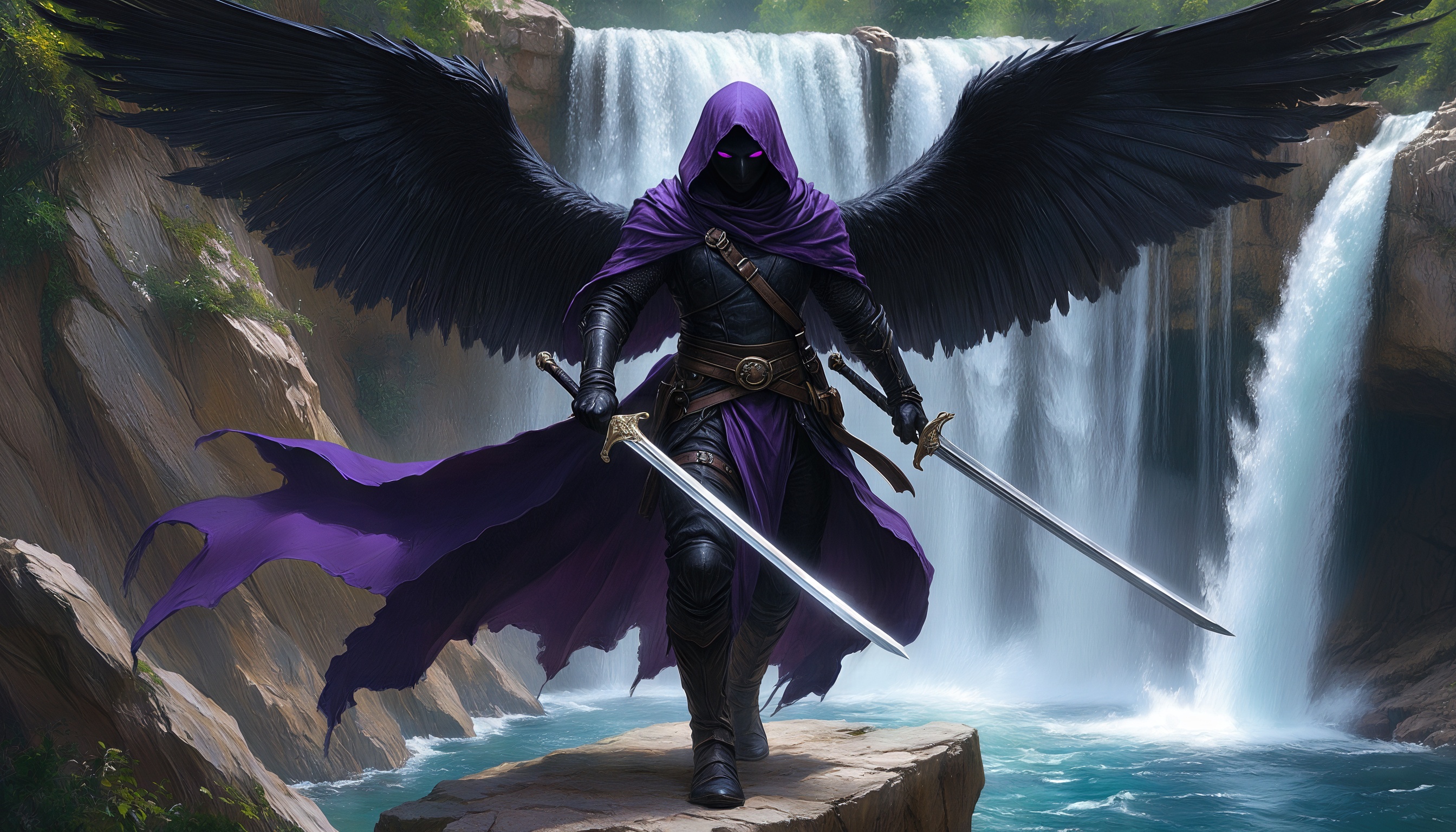 在瀑布的背景上有剑和黑色翅膀的战士。
