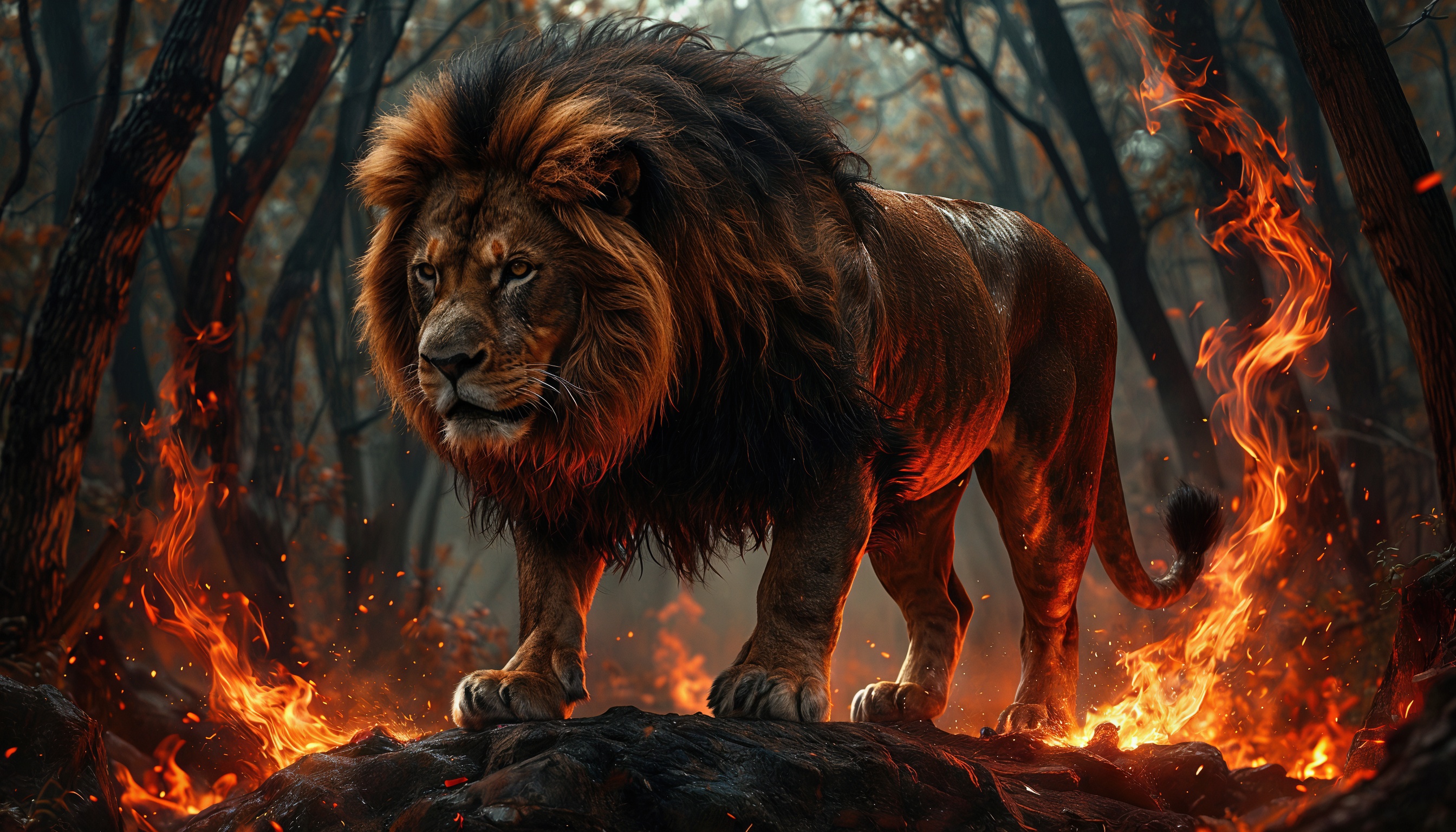 Бесплатное фото Лев стоит на камне в горящем лесу, его взгляд полон силы и величия.