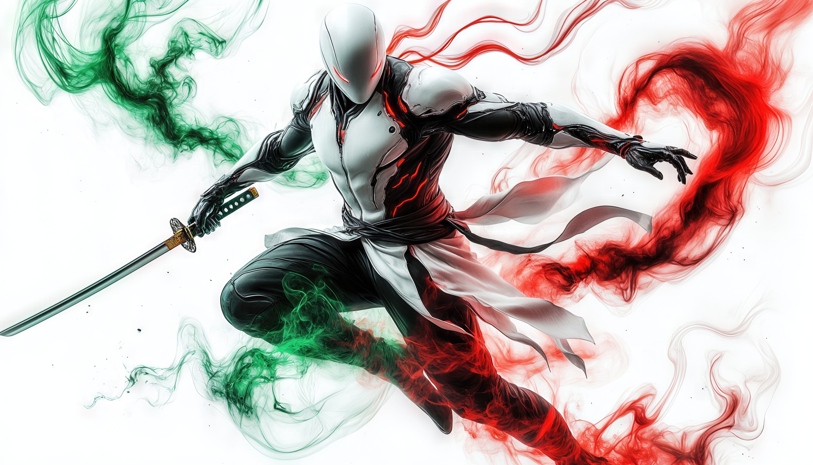 Ниндзя в черно-белых доспехах с мечом на фоне зеленых и красных дымчатых эффектов.