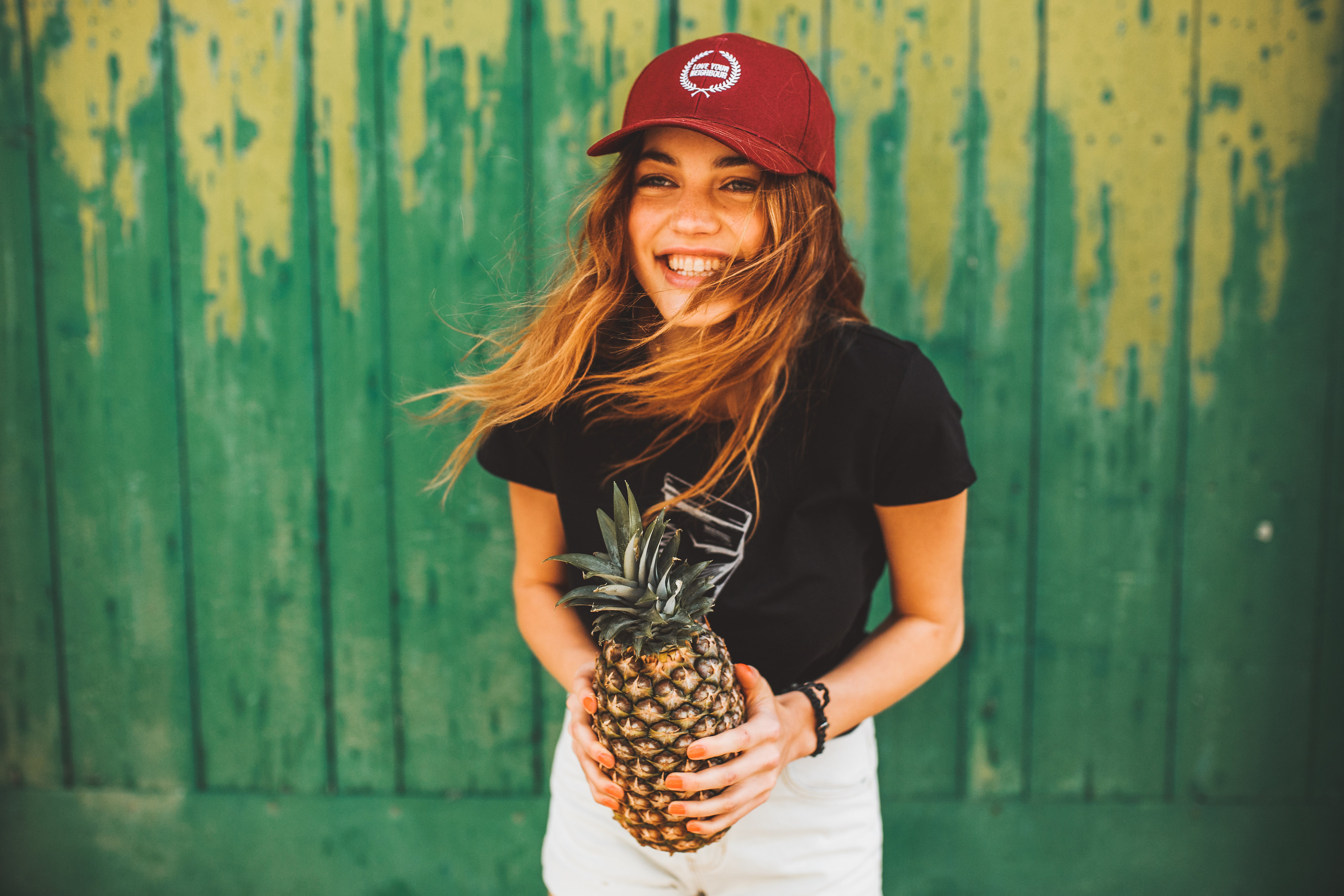 Wallpapers girl happy red cap on the desktop