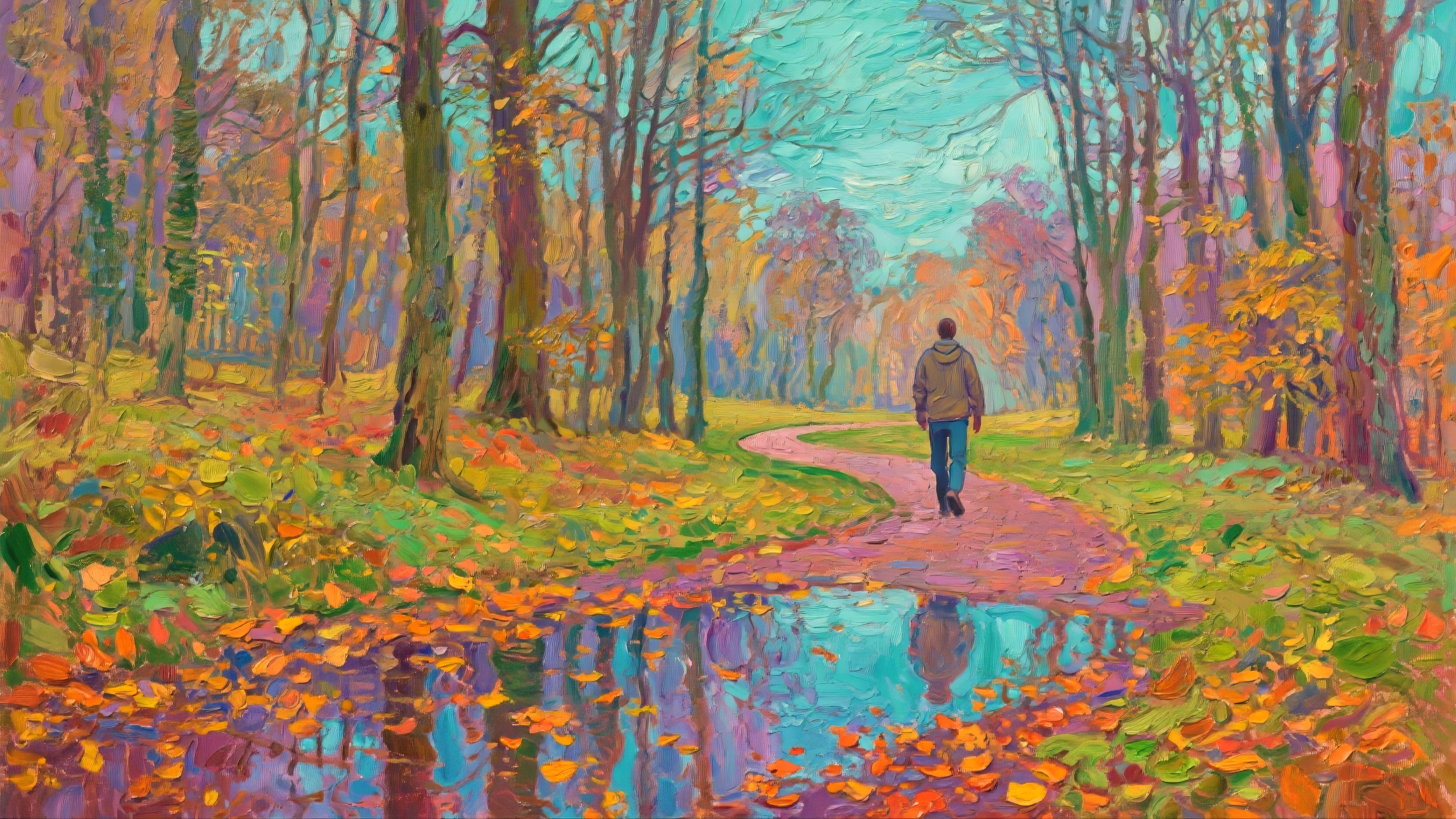 Картина с изображением человека, идущего по осенним листьям