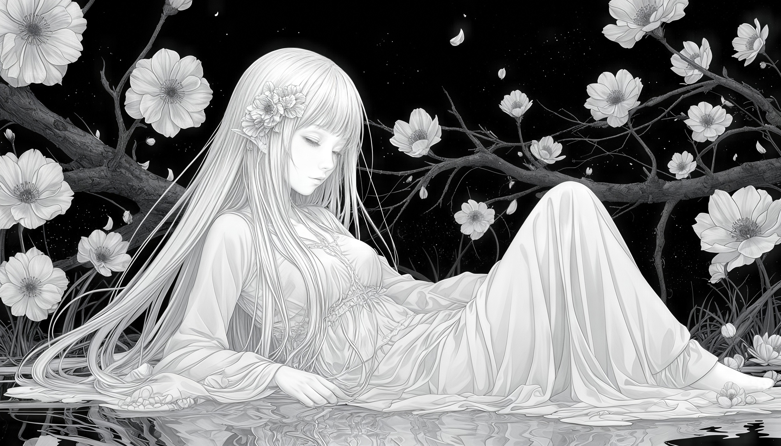 Бесплатное фото Девушка эльф с длинными светлыми волосами в белом платье в воде среди цветов и ветвей деревьев на тёмном фоне.