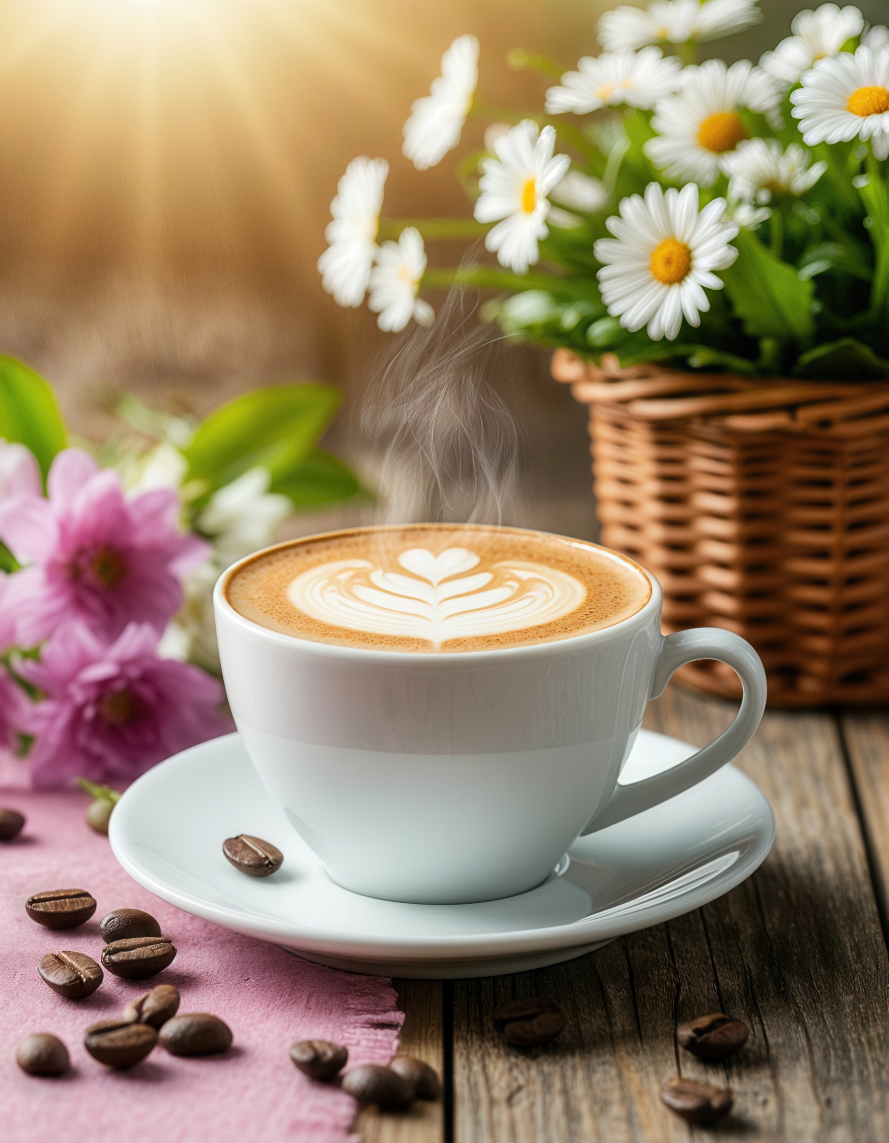 Бесплатная открытка Доброе утро с чашкой кофе с латте-артом в виде цветка, окруженная цветами и кофейными зернами.