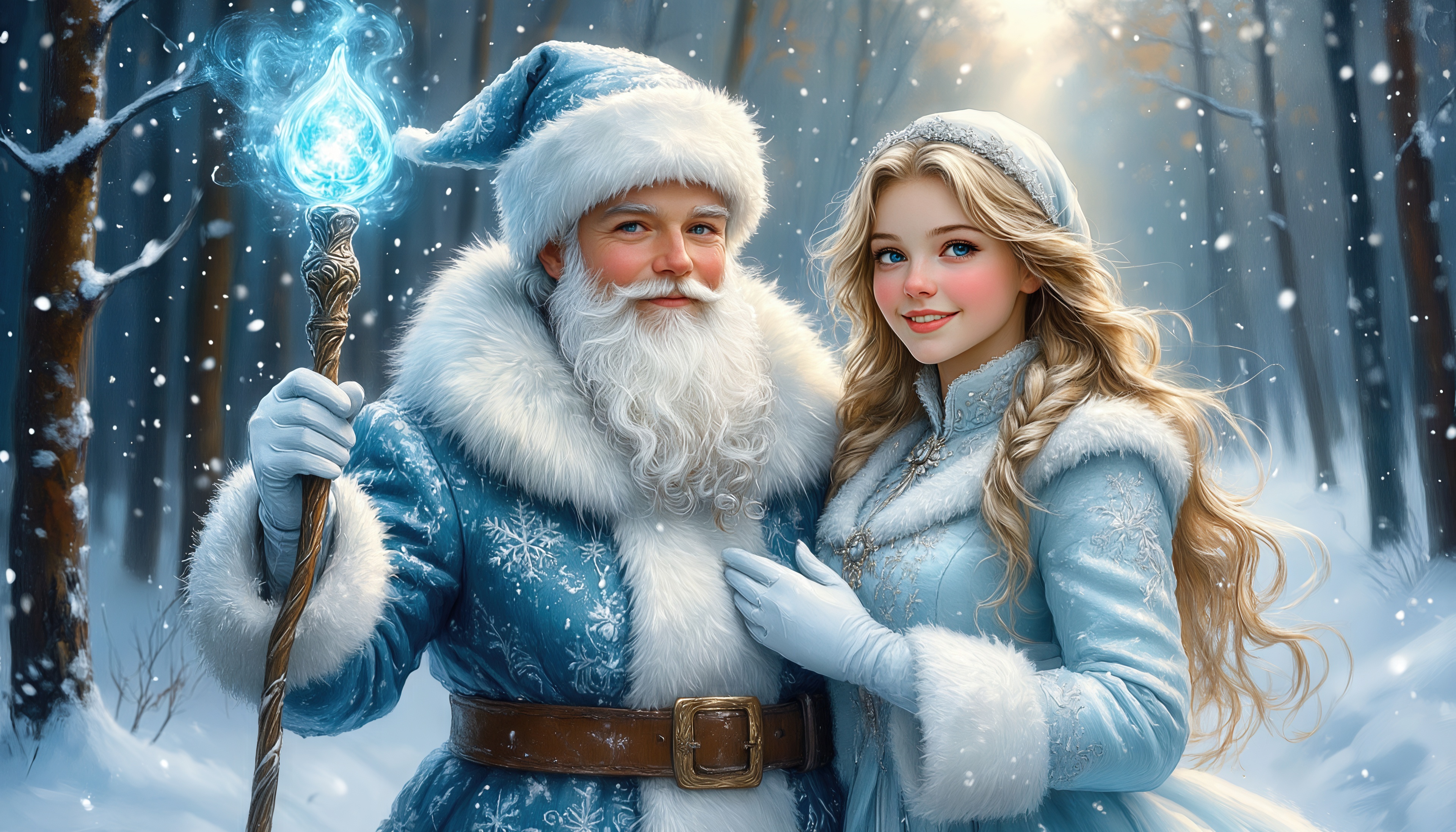Бесплатное фото Дед Мороз и Снегурочка в зимнем лесу, окружённые снежной сказкой.