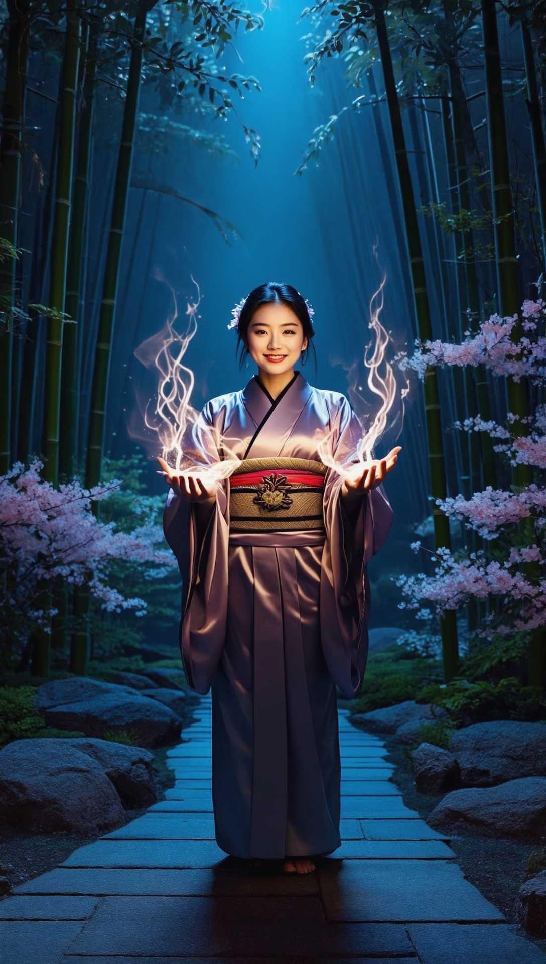Japanese young beautiful girl walking in the evening forest radiating energy from her hands.