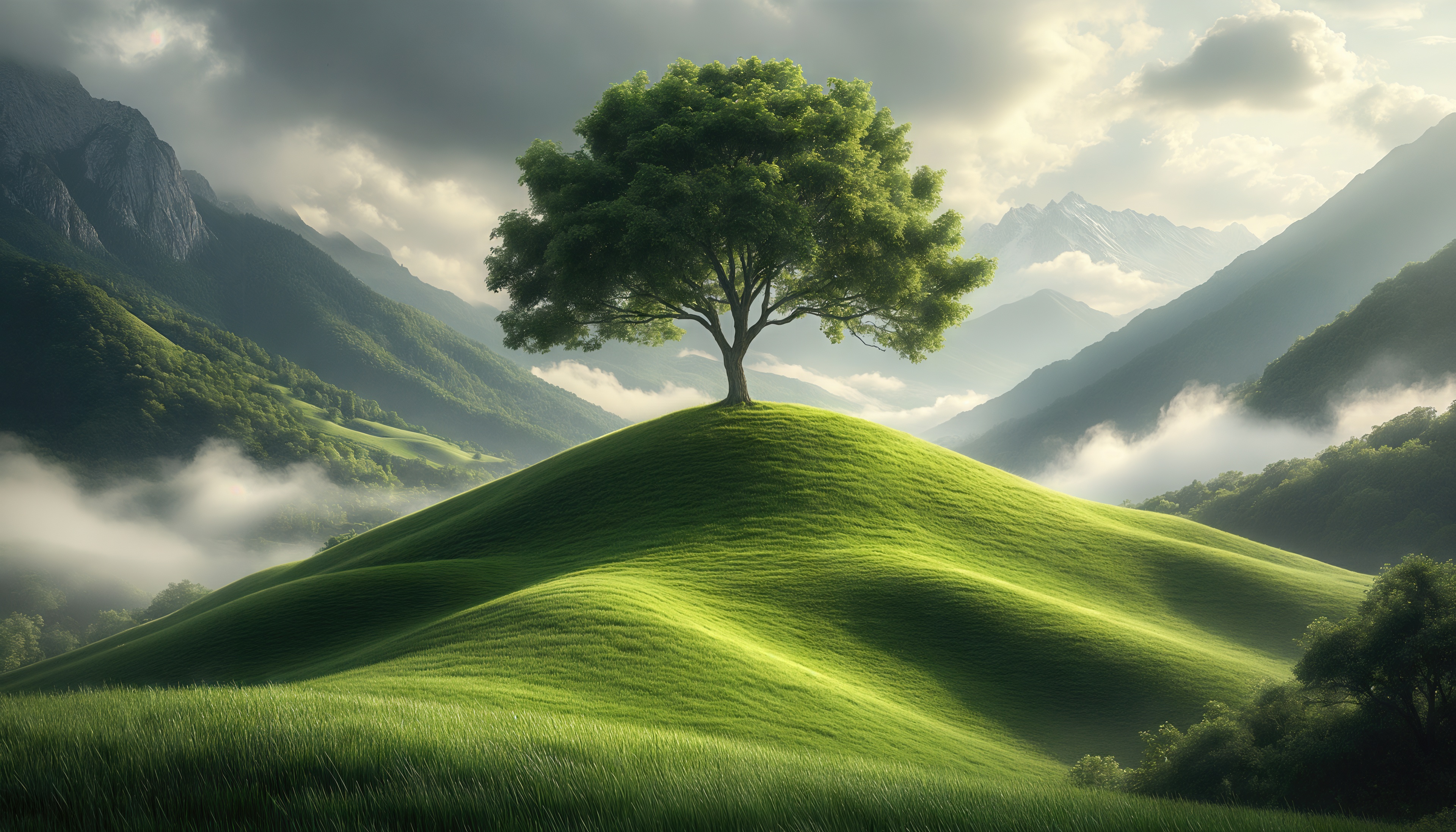 Free photo A single tree crowns a green hill surrounded by mountains.