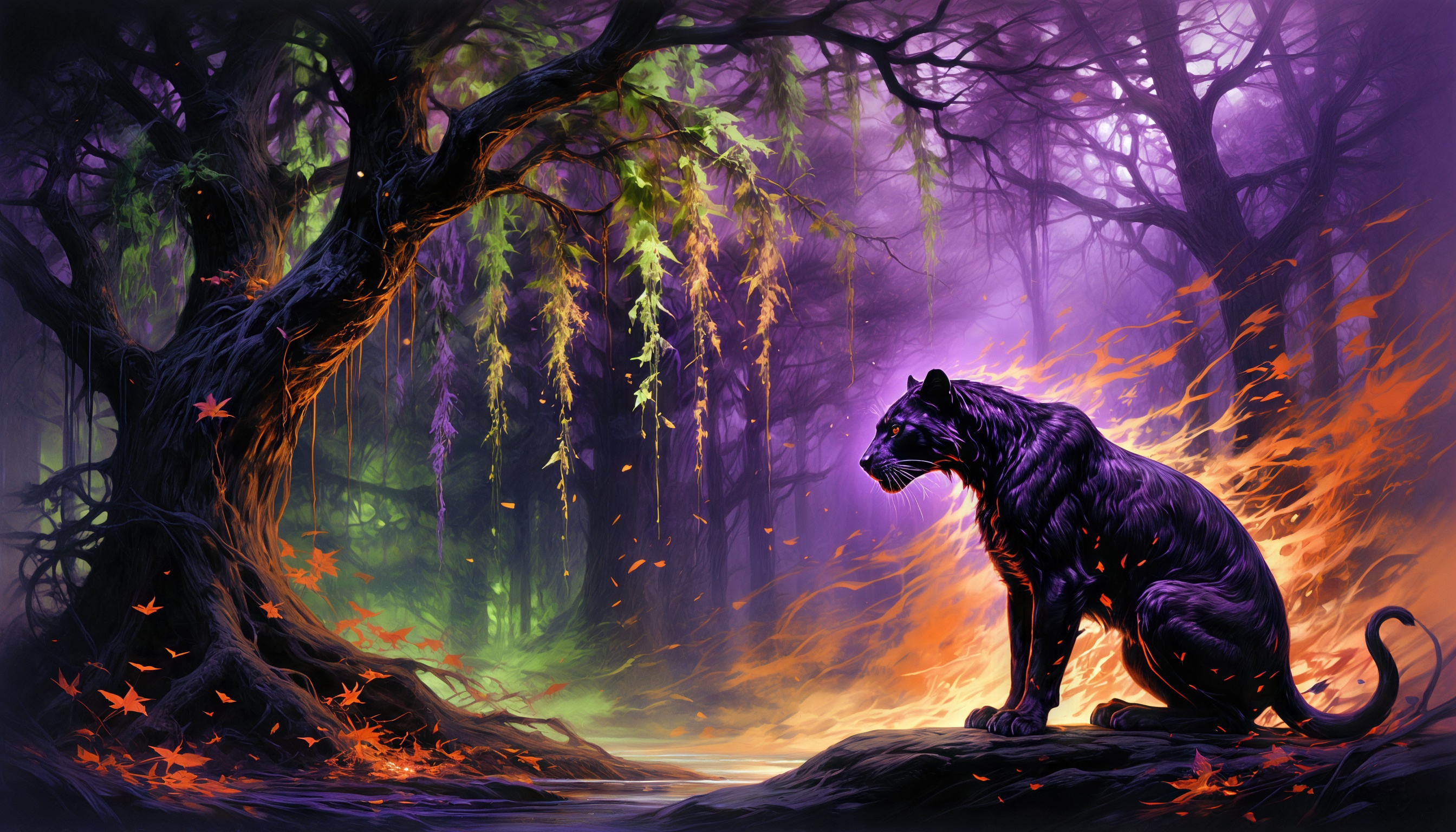 Черный тигр в мистическом лесу с огнем и светящимися частицами.