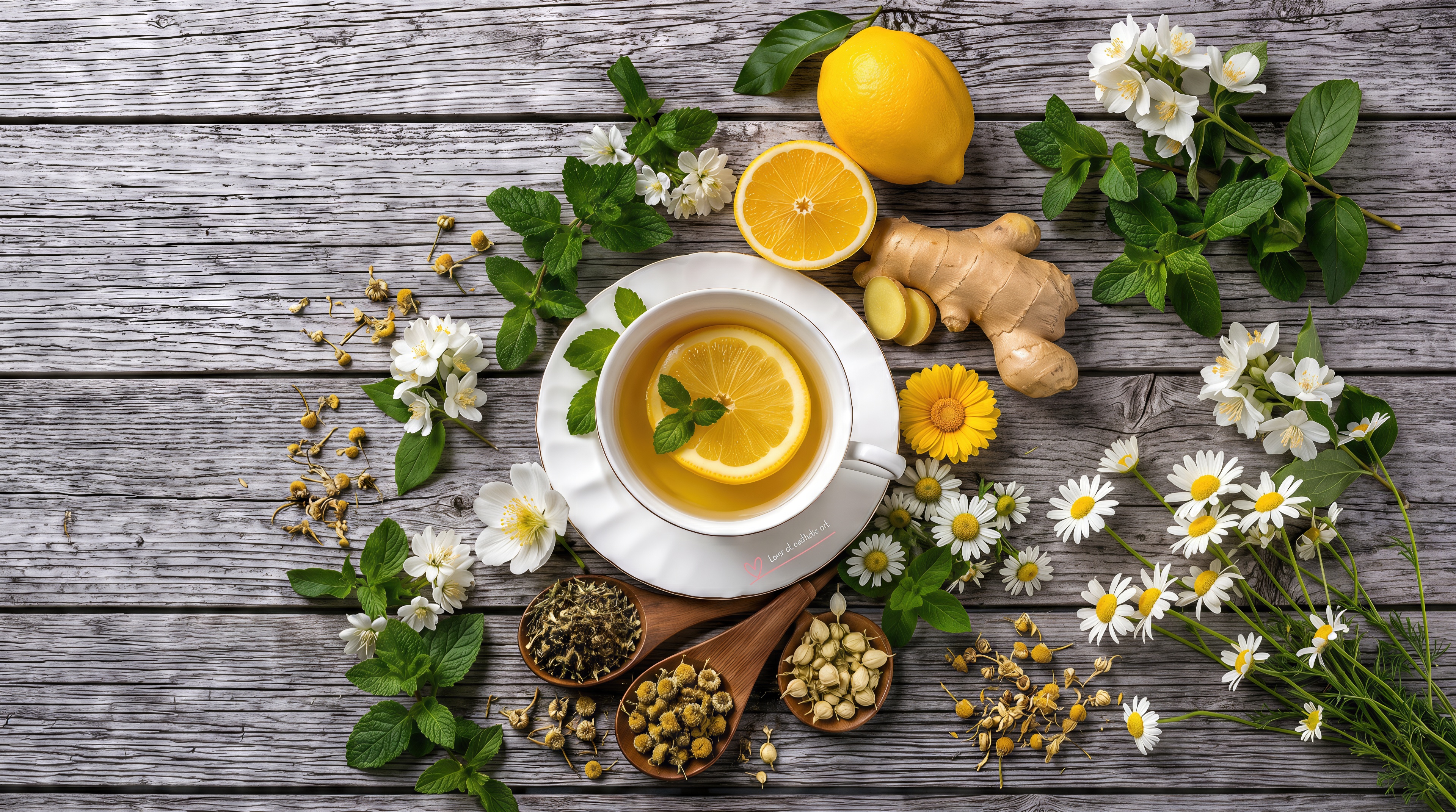 Free photo A cup of fragrant herbal tea with a slice of lemon is located in the center of a beautiful composition of chamomile, mint and ginger.