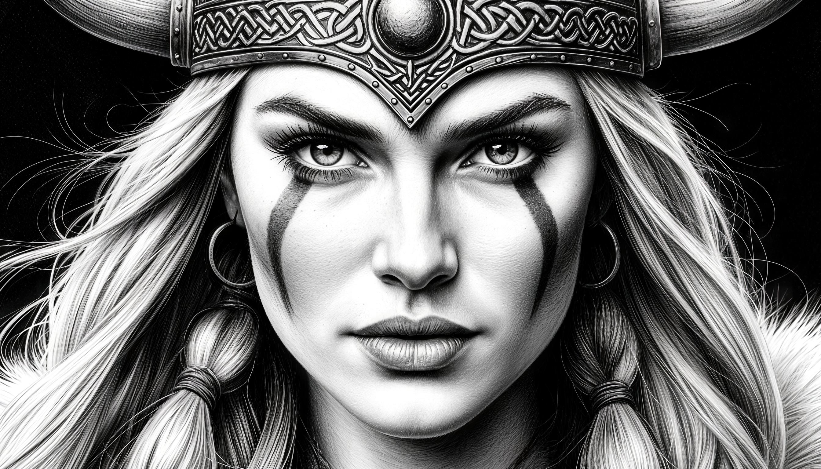 Бесплатное фото Боевая дева в духе древних славянских преданий с этническими узорами на лице и шлемом с рогами.