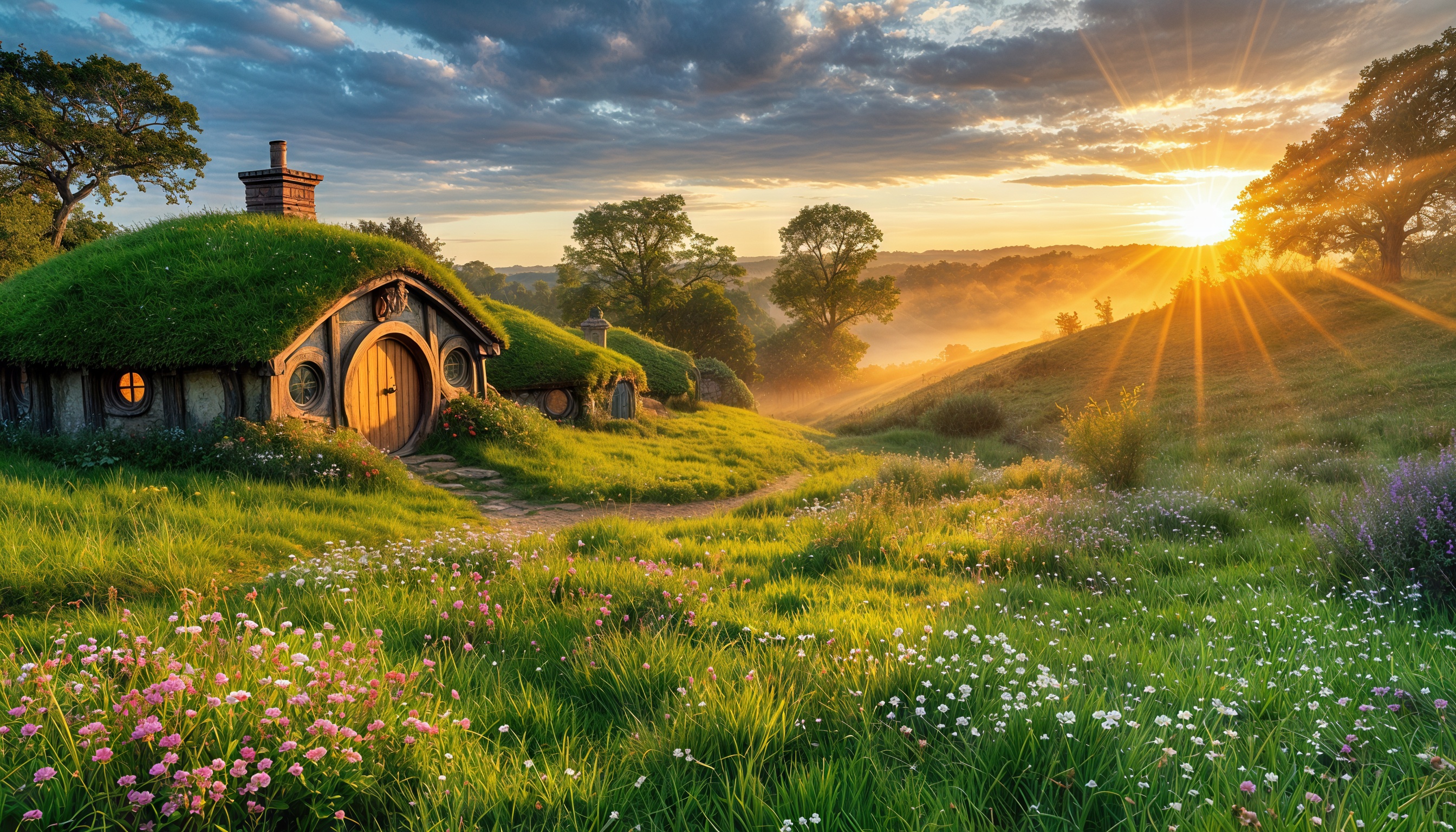Бесплатное фото Домики хоббитов на зелёном холме в лучах утреннего солнца.