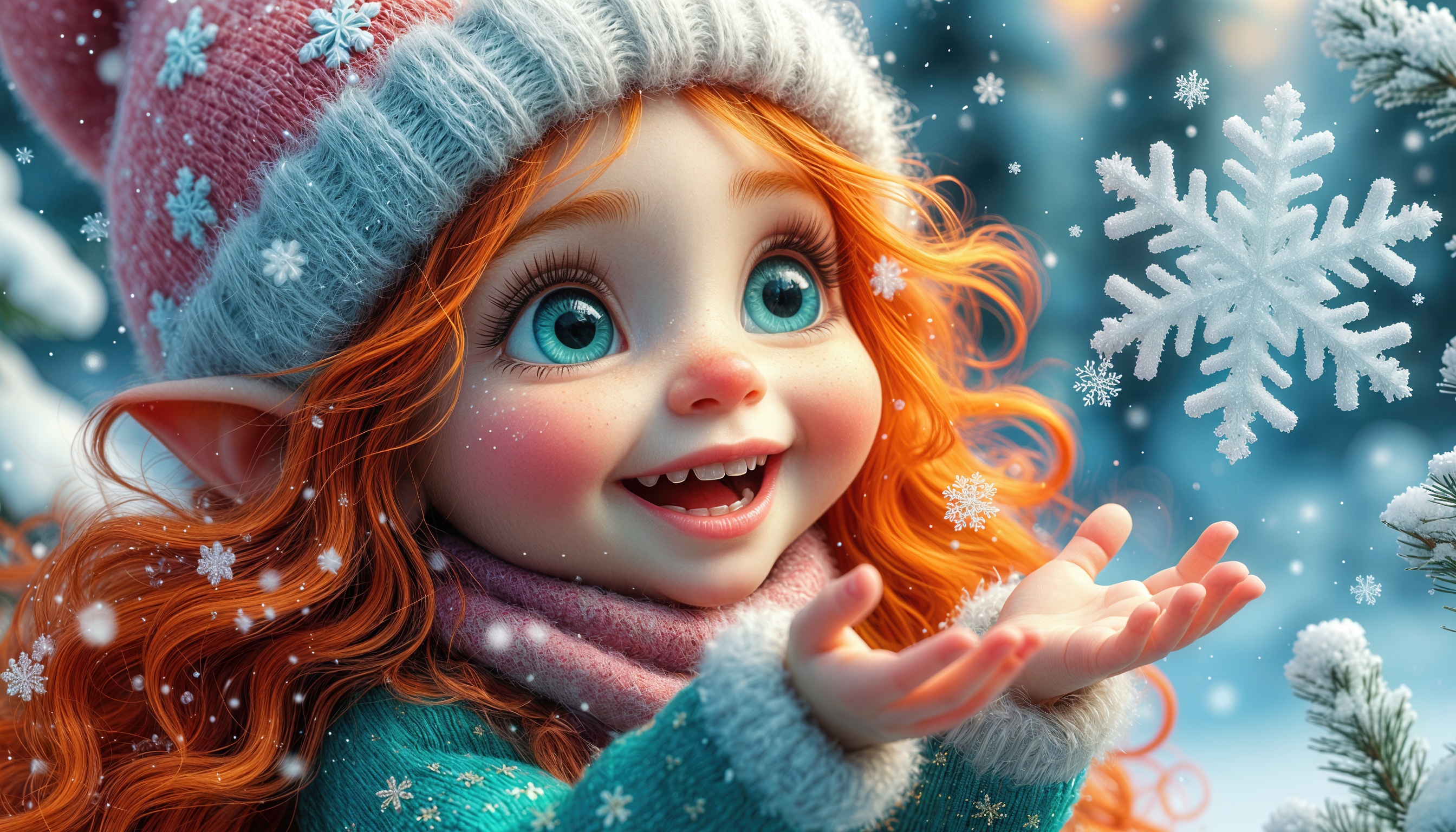 Бесплатное фото Эльфийская девочка в зимней одежде ловит снежинку на ладонь на фоне заснеженного леса.