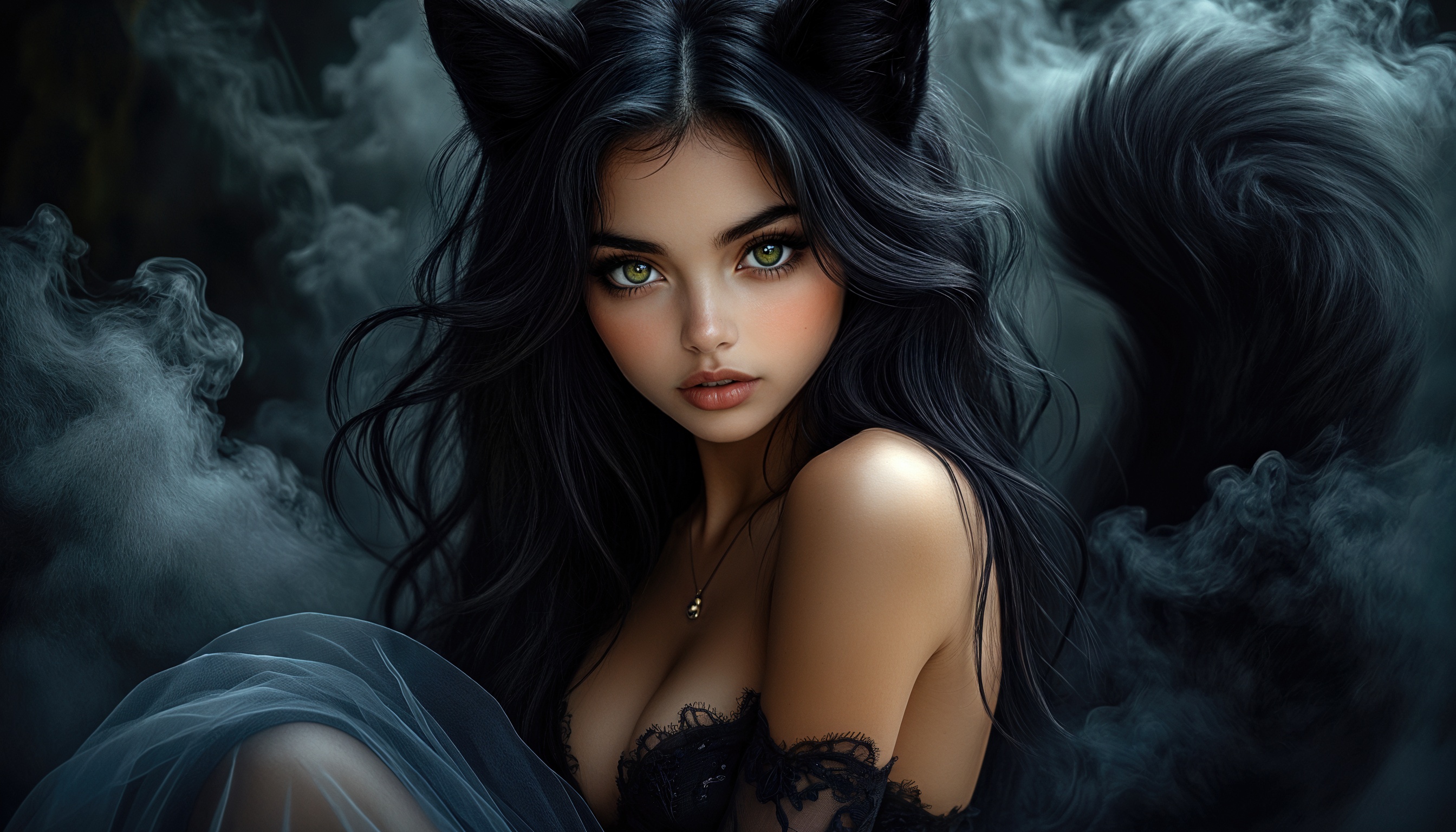 Free photo Neko with cat ears and a tail, wearing a black lace dress against a dark smoky background.