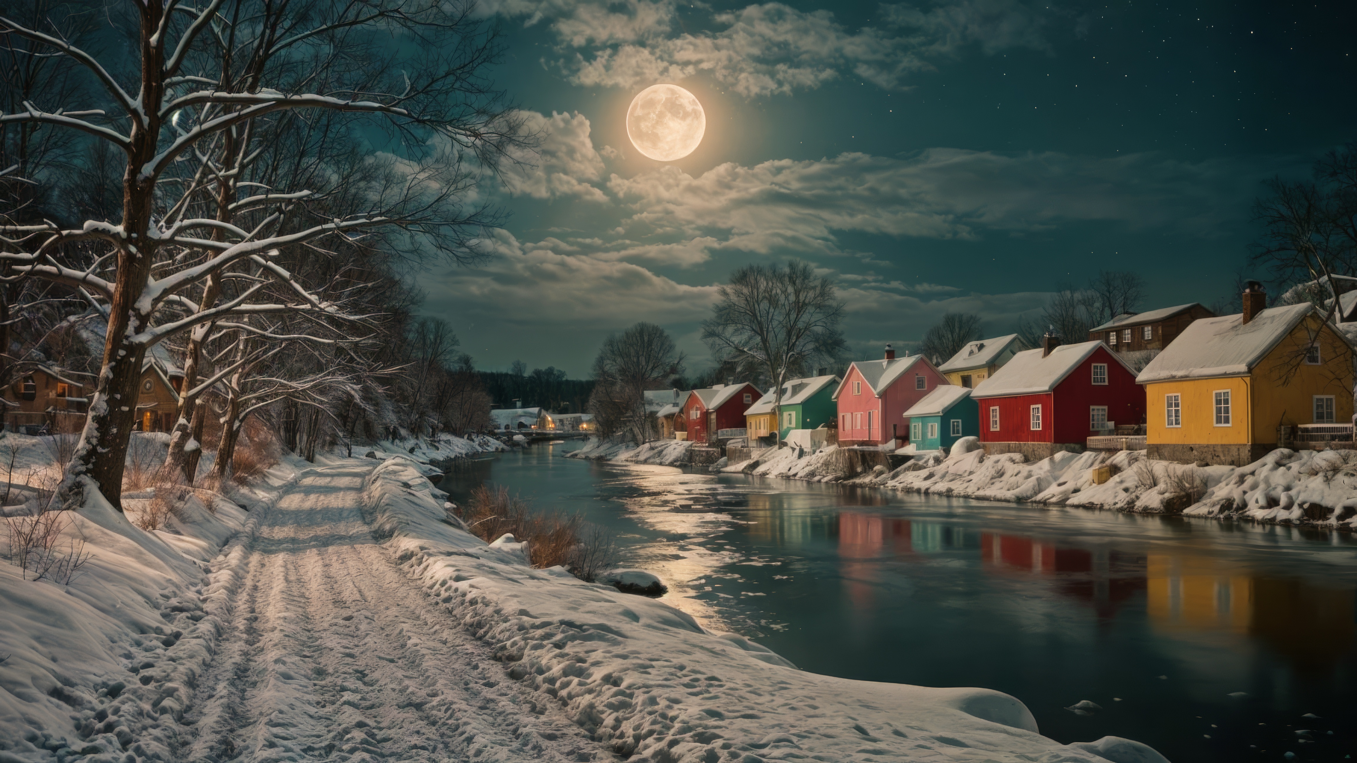 Free photo A snow covered road leads to colorful houses at night