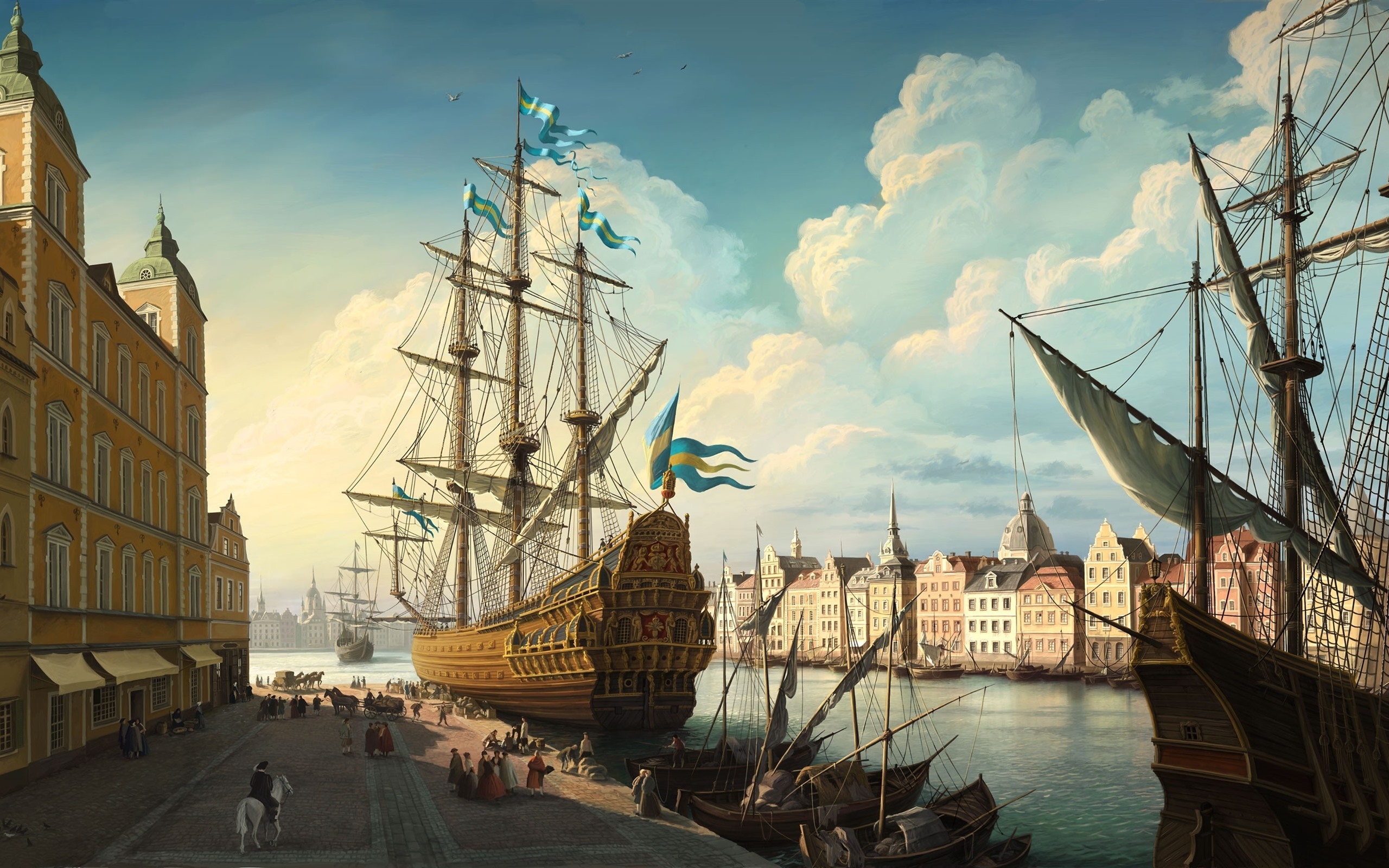 古老斯德哥尔摩的木船港口