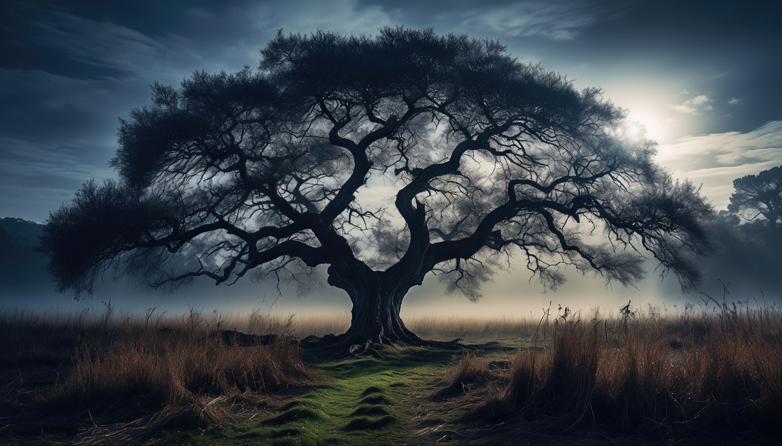 Бесплатное фото Раскидистое дерево с множеством ветвей, выделяющееся на фоне облачного неба и окруженное растительностью.