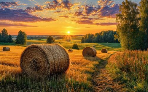 Бесплатное фото Пейзаж с полем, стогами сена, лесом и закатным небом, идеально подходящий для заставки рабочего стола.