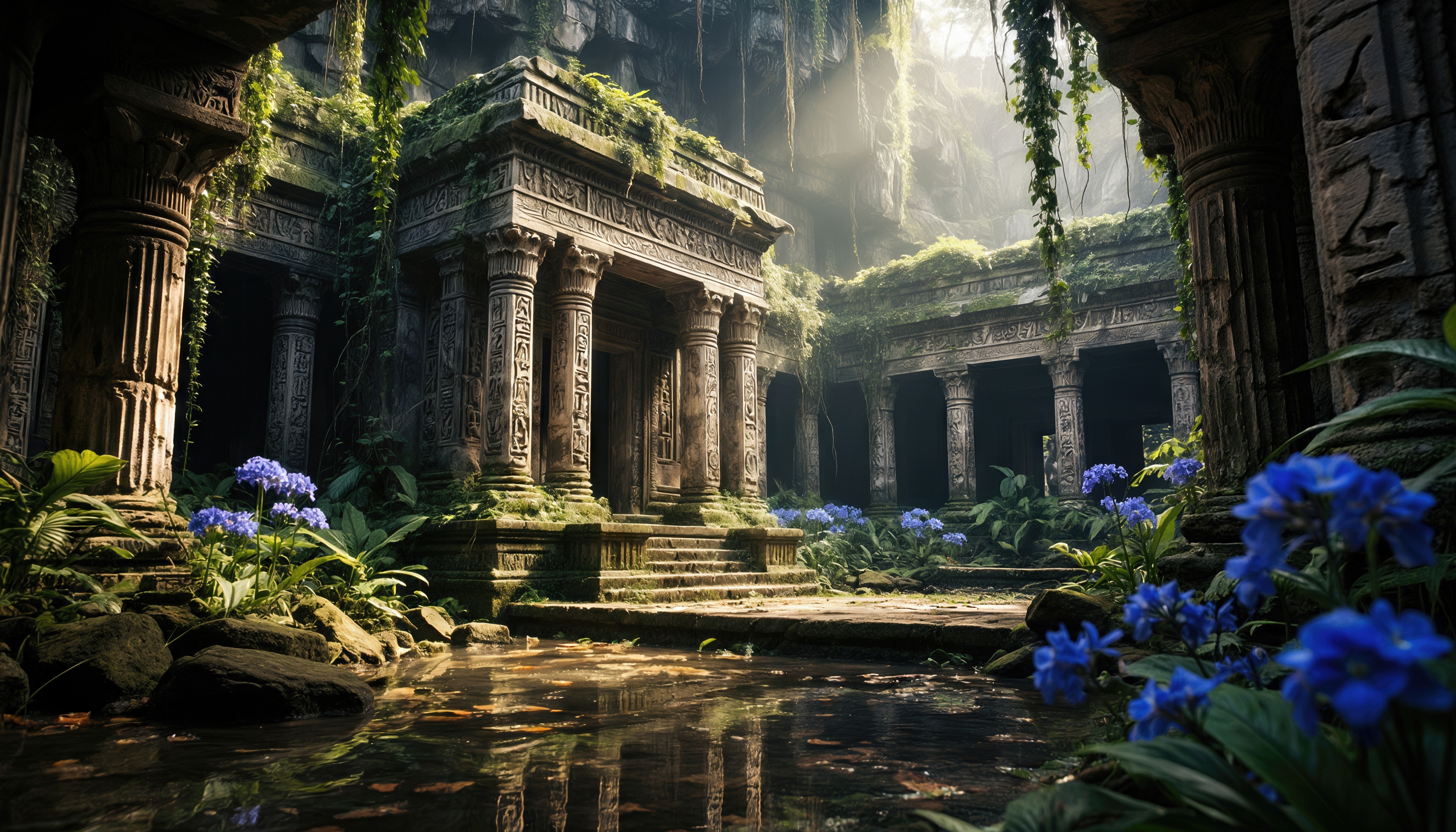 Бесплатное фото Древний храм в джунглях, окутанный зеленью и цветами.