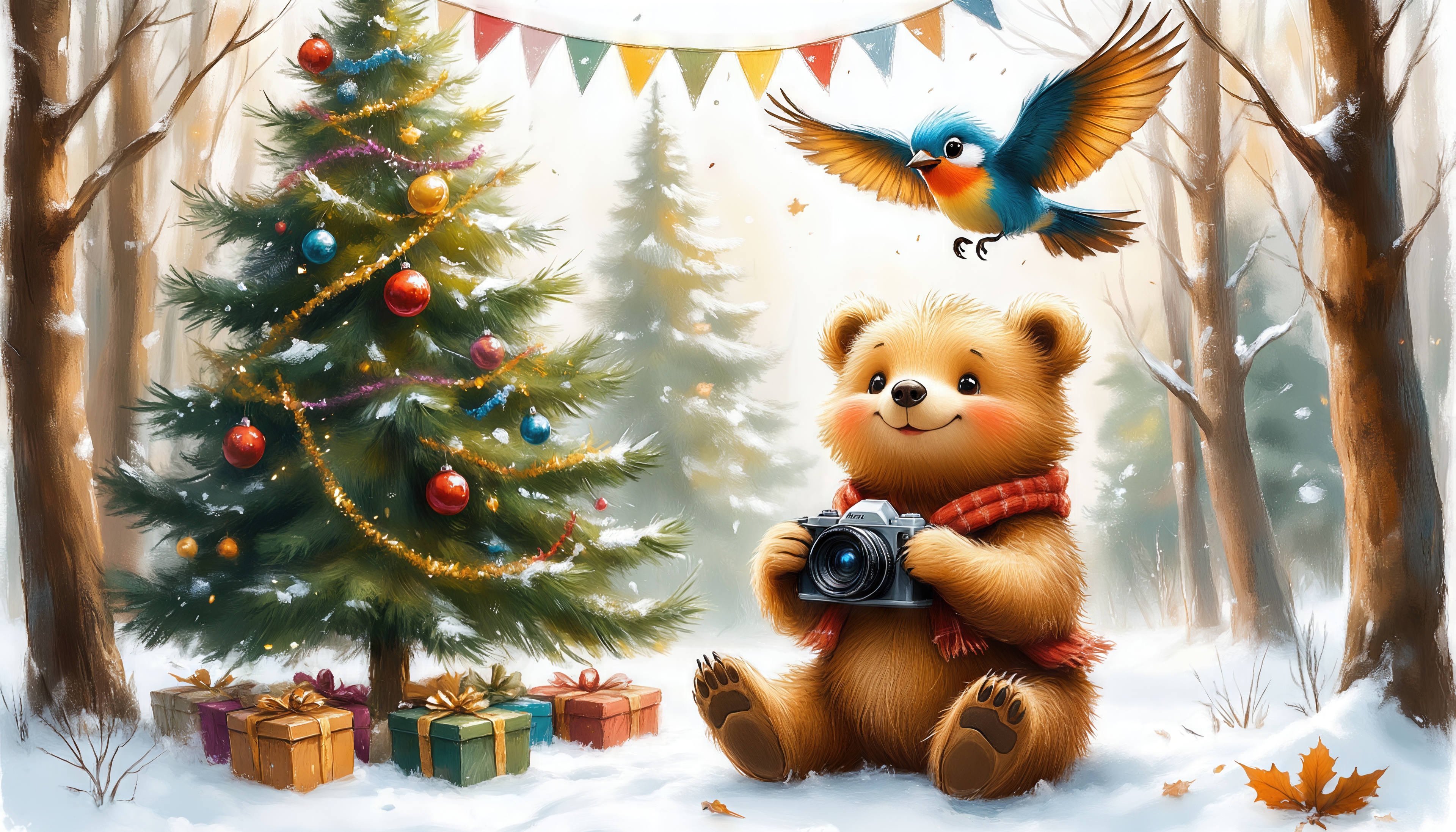 A cute teddy bear with a camera at an elegant Christmas tree in a winter forest.