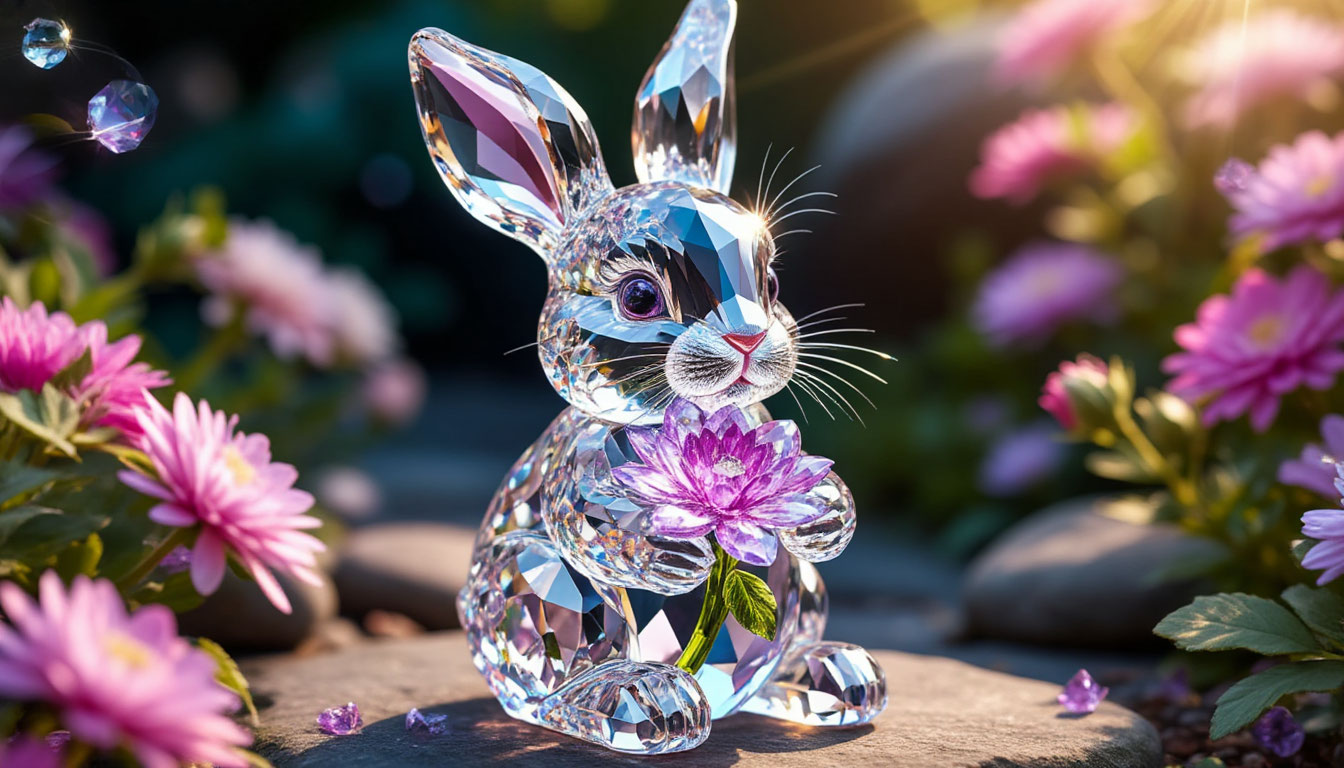 Бесплатная открытка Хрустальный зайчик дарит цветочек.