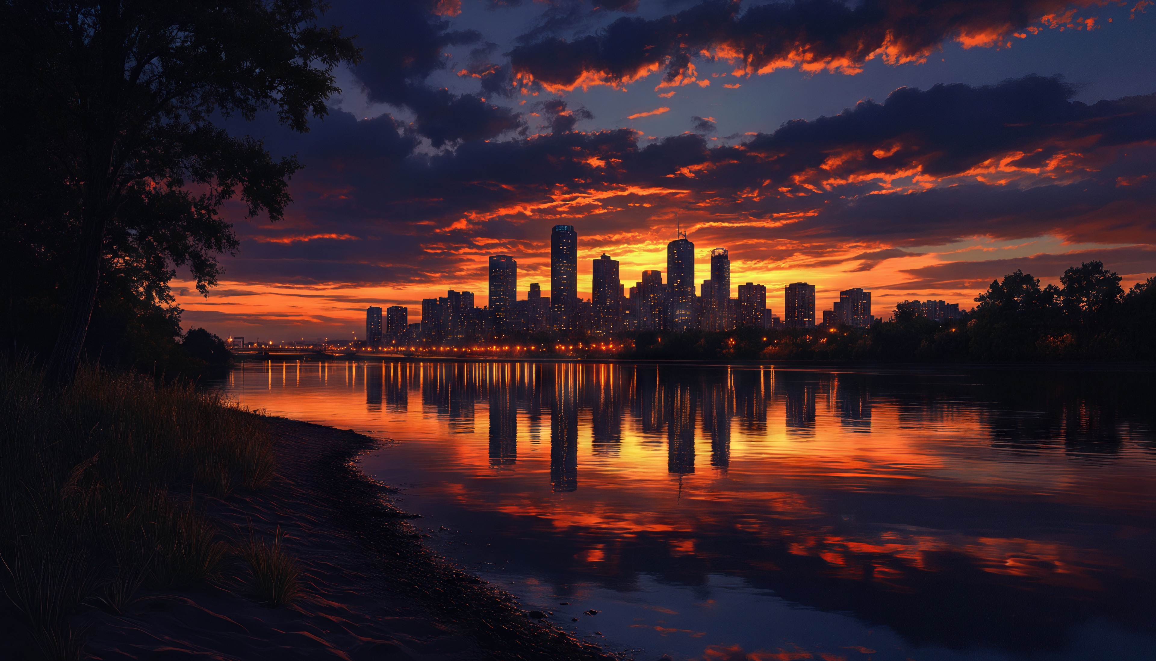 Бесплатное фото Закат окрасил облака в огненные тона над городским горизонтом.