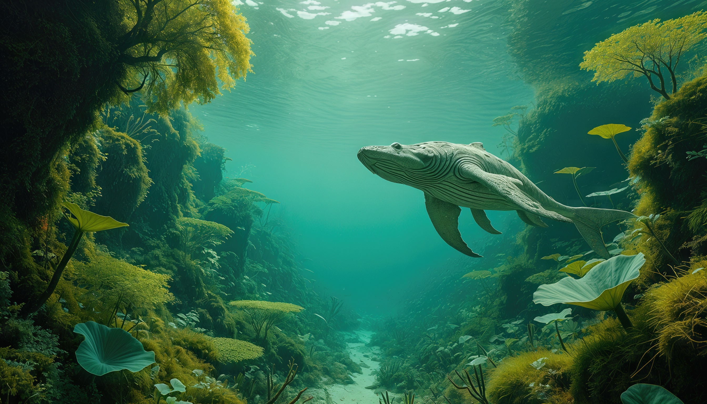 Free photo A giant fish glides through underwater thickets in the rays of the sun.
